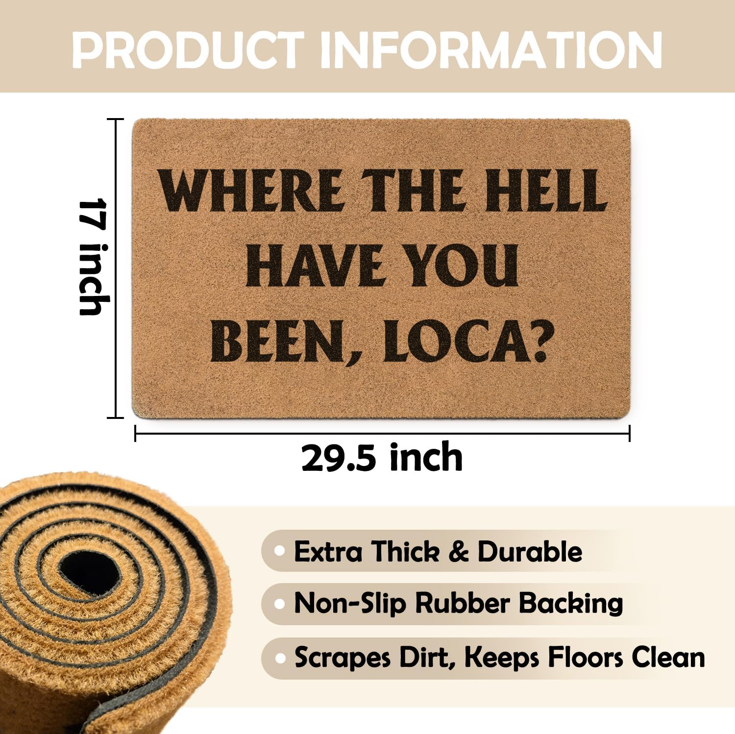 Funny Welcome Door Mat for Front Door, Where the Hell Have You Been Loca Faux Coir Doormat Outdoor Entrance, Funny Housewarming Welcome Mats Small Rugs for Entryway, 17x30 Inch