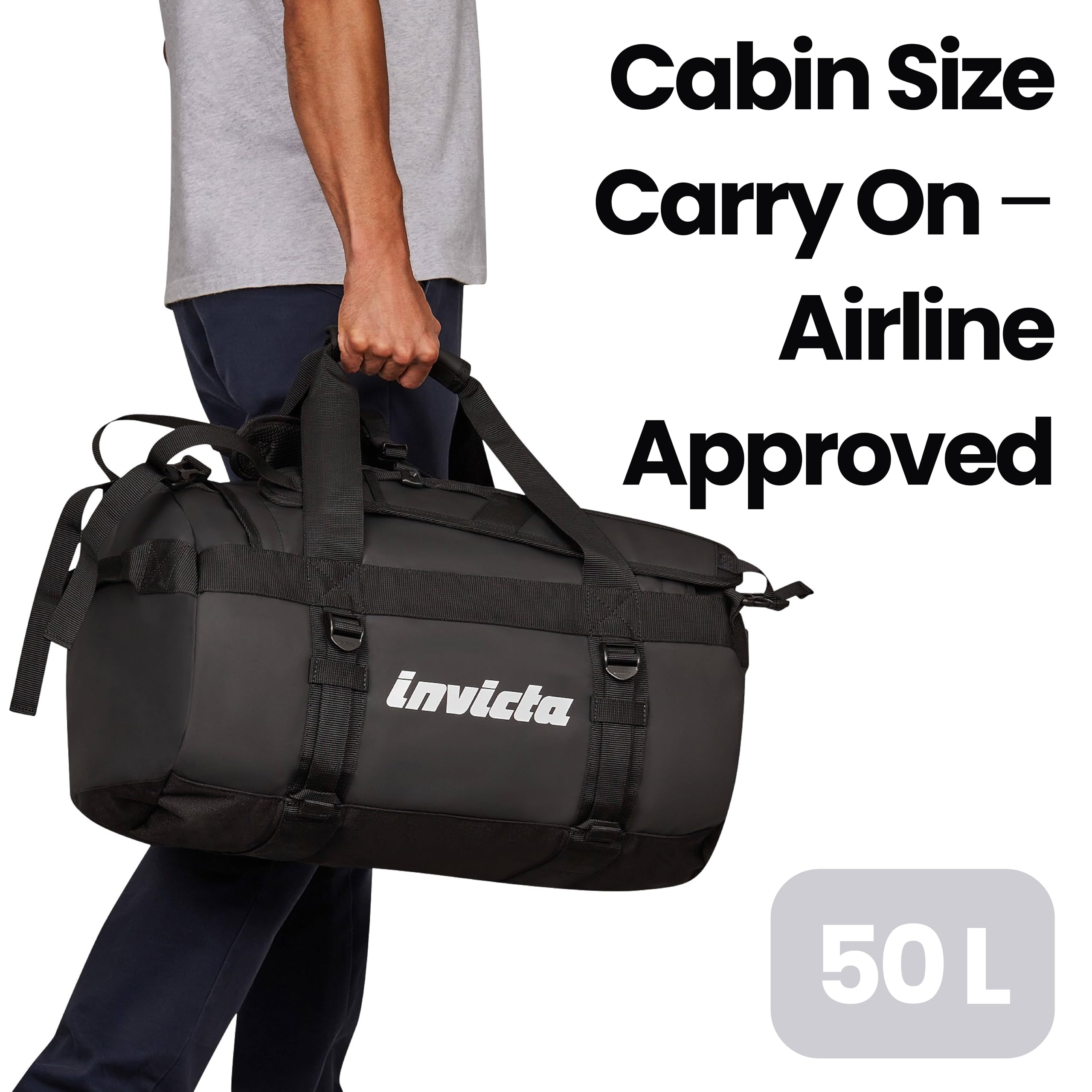 Invicta Plecak podróżny 50 l - 51 x 33 x 33 cm, czarny, torba z odpinanymi ramiączkami, wzmocniony dno, zorganizowane kieszenie, przednia i boczna kieszeń, mężczyźni kobiety