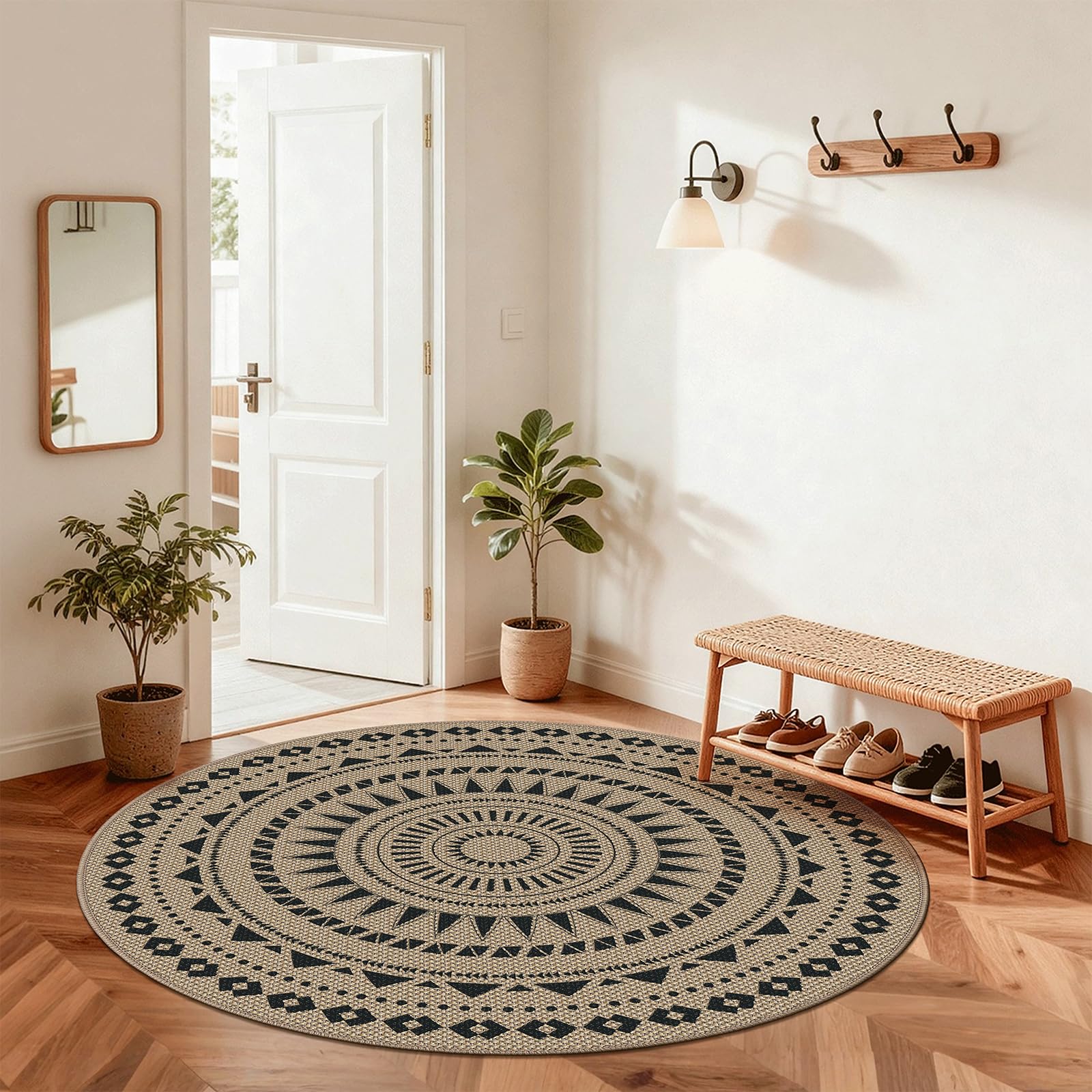 Alfombra Redonda de 160 cm de diámetro, Aspecto de Yute, Alfombra Antideslizante, Alfombra Lavable, empaque Plegable, Alfombra Redonda para Dormitorio, Sala de Estar y balcón