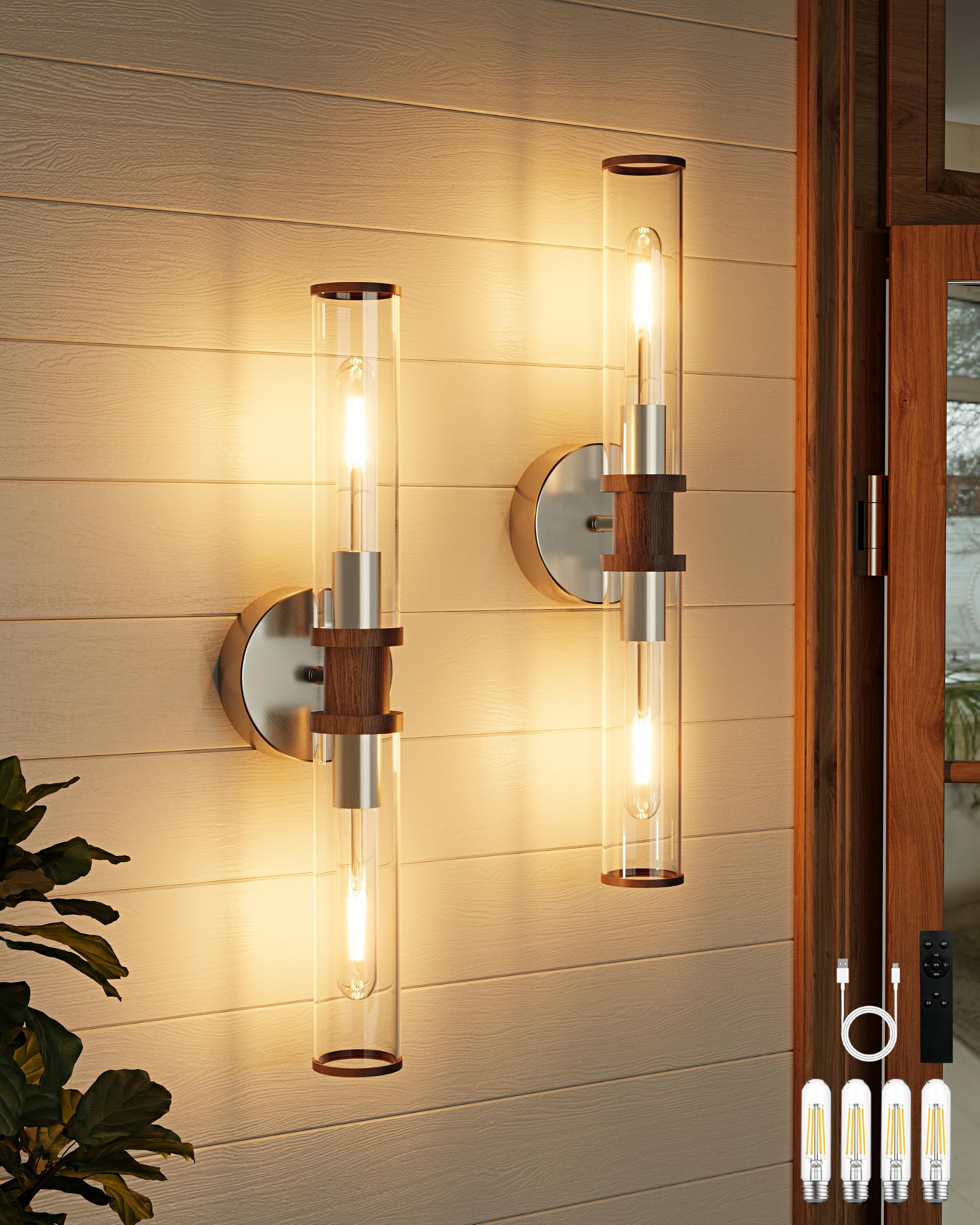 Photo 1 of Rayogale Wireless Battery Wall Sconces, Nickel & Walnut