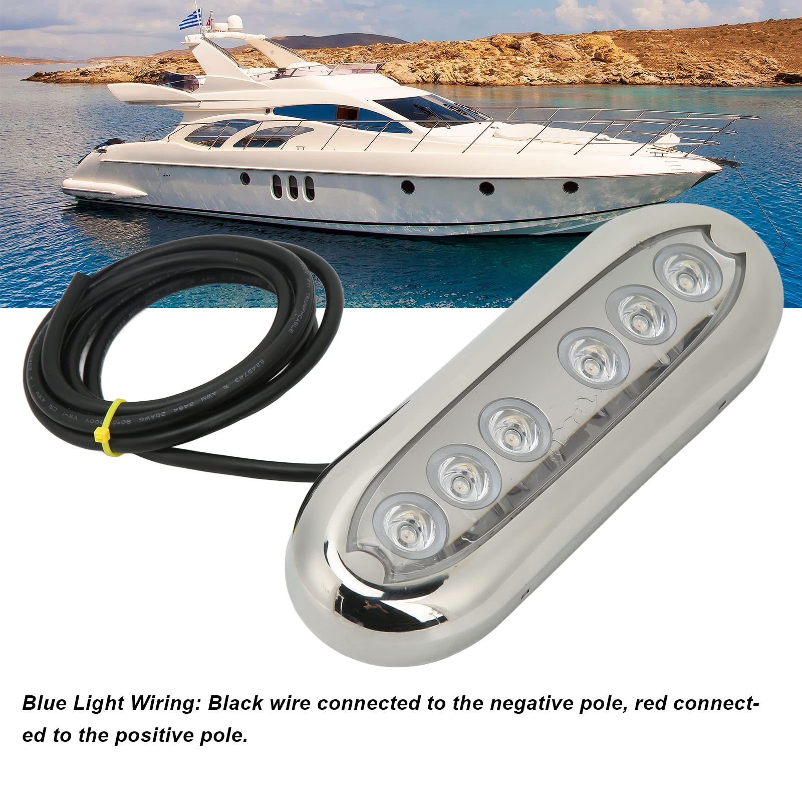 Luce LED per Barche, 12V‑24VDC 6 Perline LED Luminose Lampada IP68 in Amliaio Inossidabile 1,5M Cavo di Alimentazione Luce Subacquea per Barche, Yacht, Oceani, Barche (Luce blu)