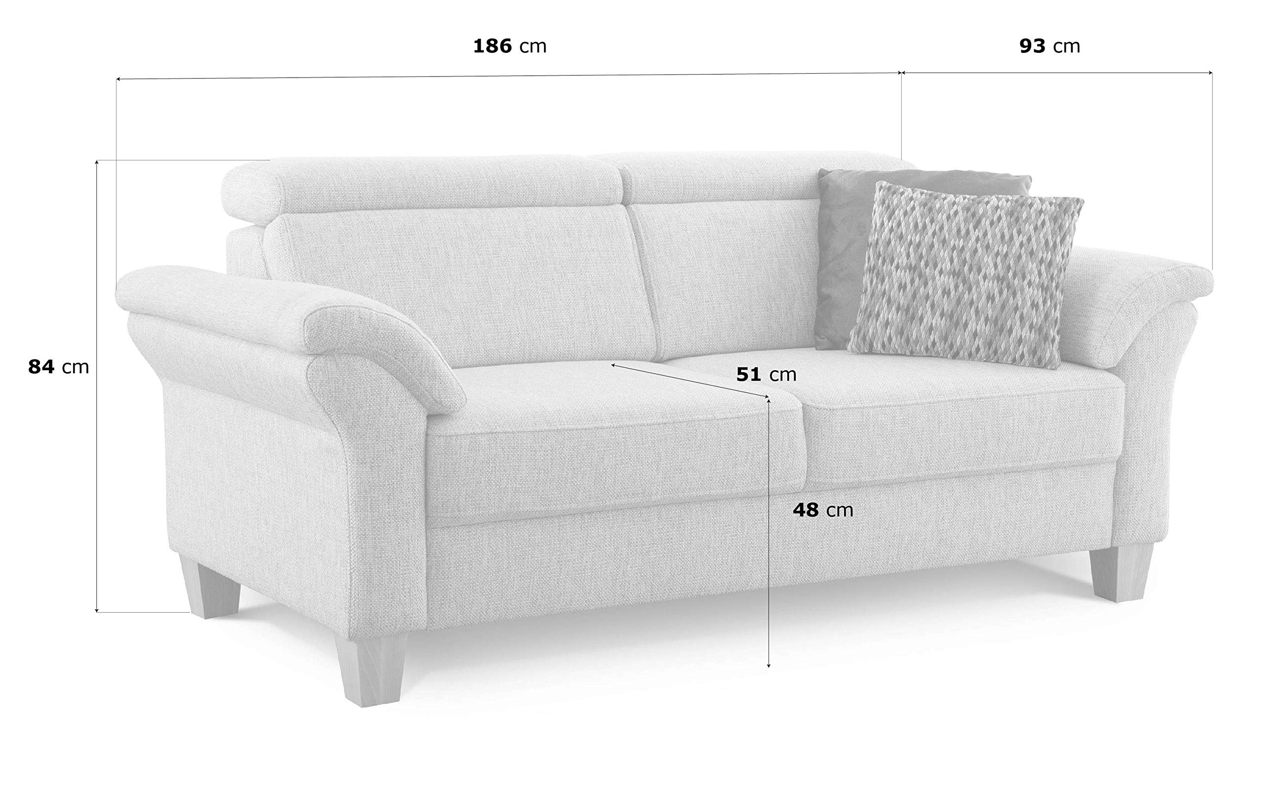 Cavadore 3-Sitzer Sofa Ammerland / Couch mit Federkern im Landhausstil / Inkl. verstellbaren Kopfstützen / 186 x 84 x 93 / Strukturstoff hellgrau