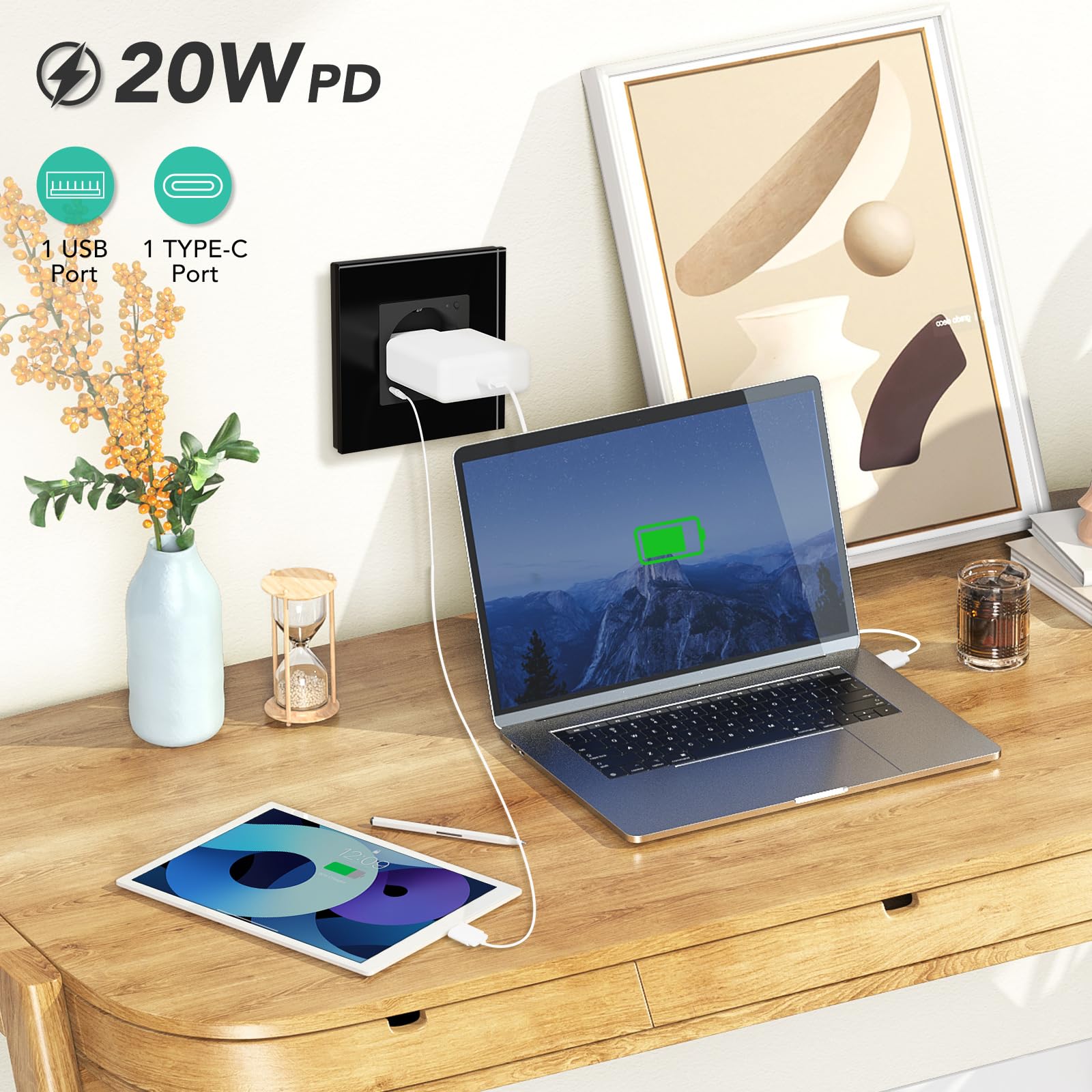 BSEED Enchufe ZigBee con Cargador Rápido USB C 20W con Medición de Corriente,Schuko WLAN Empotrada para Alexa/Google Home, Enchufe Inteligente 16A,1 Gang Negro(Requisito del Gateway Hub)