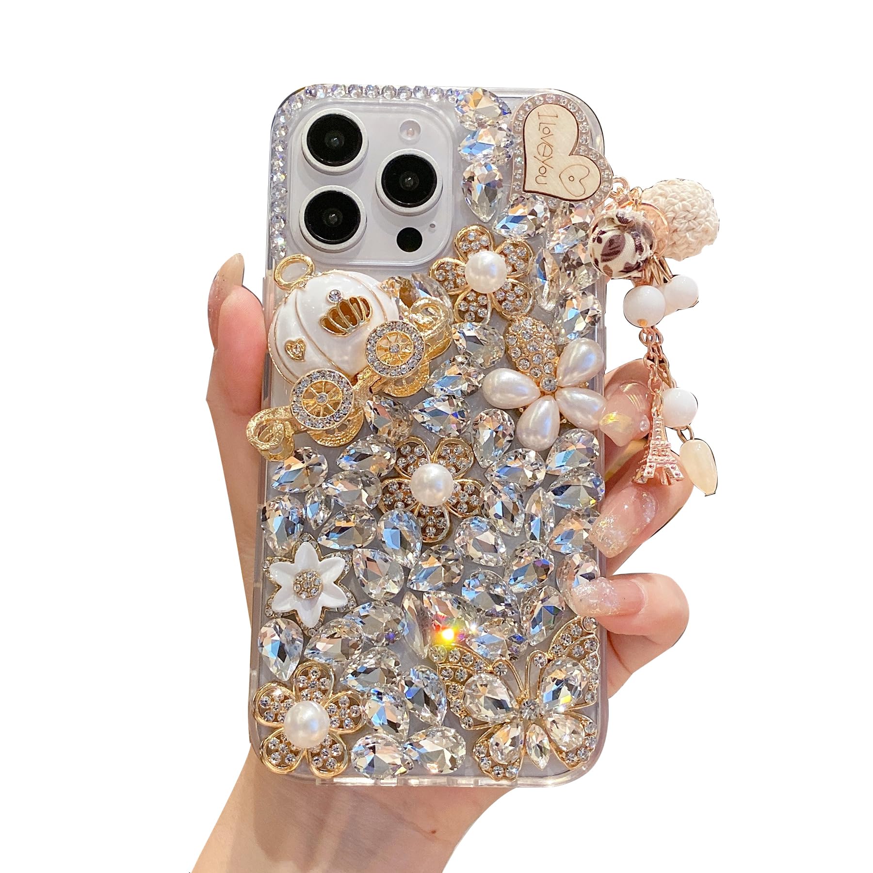 iFiLOVE for iPhone 15 Pro Max Bling Diamond Case, 3D Luxury Sparkle Glitter Crystal Rhinestone Butterfly Flower Pendant Charm Case Cover for Girls