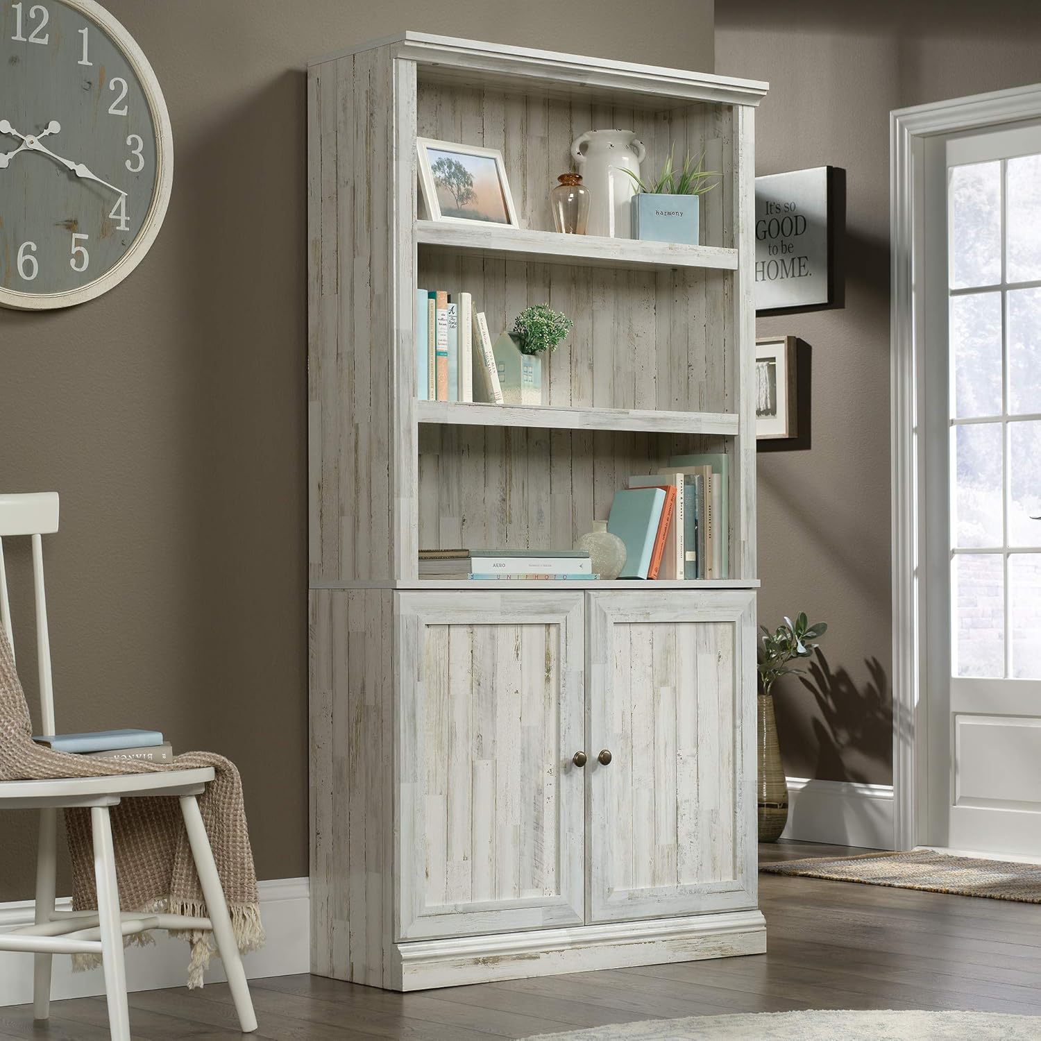 Adjustable White Plank 3-Shelf Bookcase with Doors