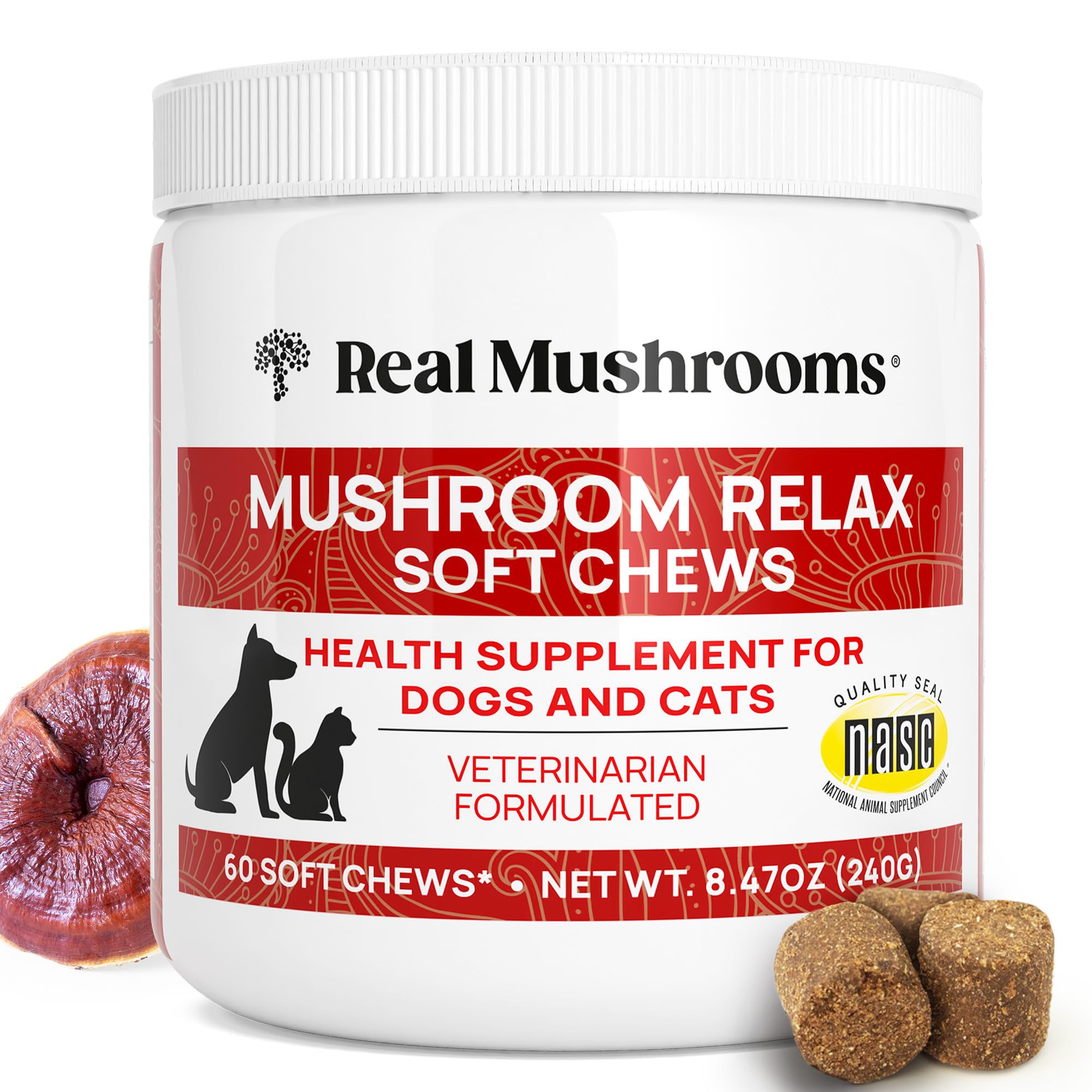 Calming Chews for Dogs & Cats – Soft Chews with Reishi & Lion’s Mane for Daily Composure – for All Breeds & Sizes – Calming Treats for Dogs: 1 Chew/20 lb Daily; Cats: ¼ Chew Twice Daily – 60 Count