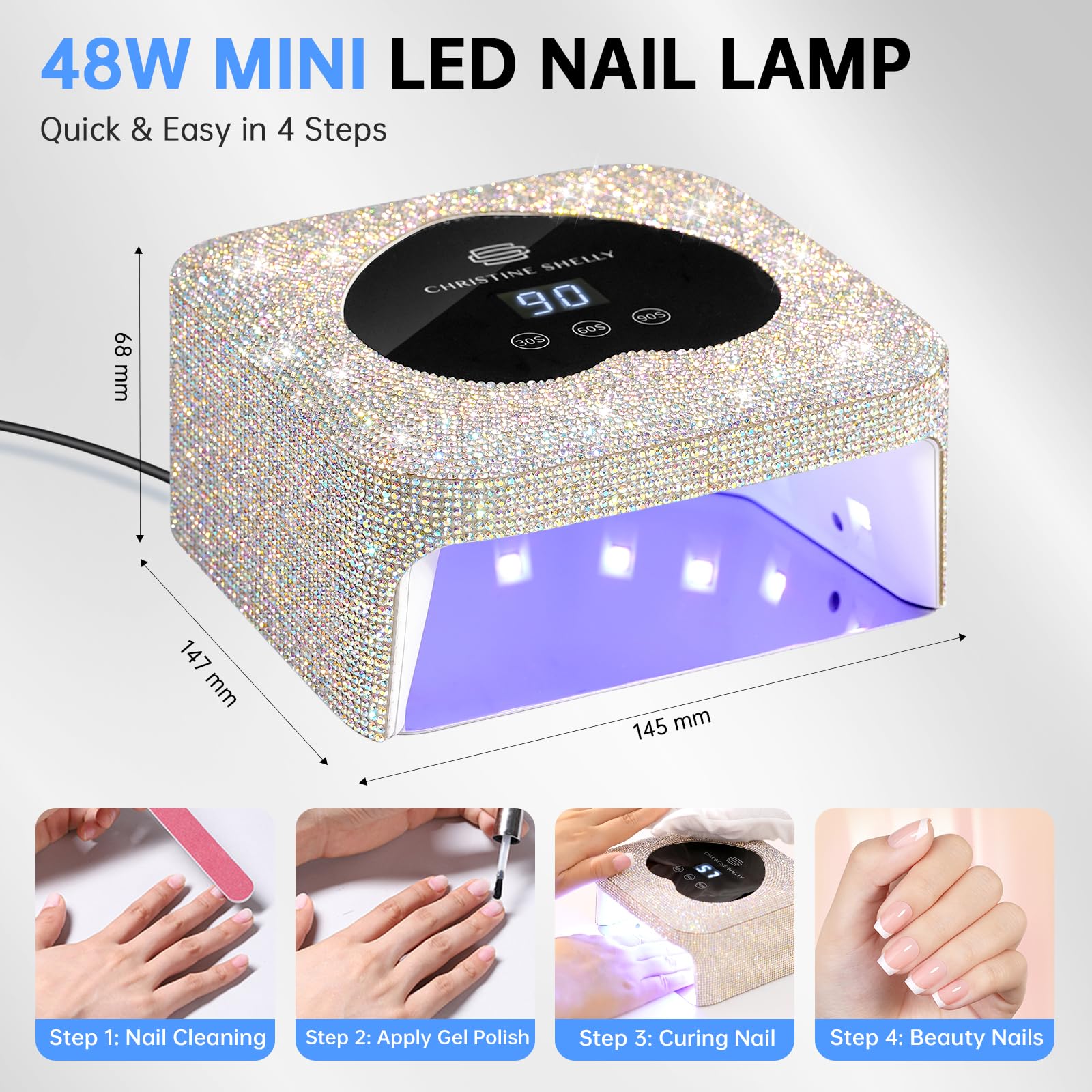 Lampe à Ongles 48W Vernis Gel Séchoir à LED avec Affichage Capteur Auto et 3 Réglages Minuterie Lumière pour Ongles Débutant BRICOLAGE Strass Brillant