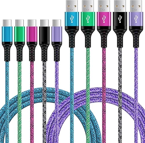 Cable USB C de carga rápida tipo C de 6 pies, paquete de 5 cables de carga de nailon para Samsung Galaxy A17 A16 5G A12 A32 A52 S23 S22 S21 A14 A13