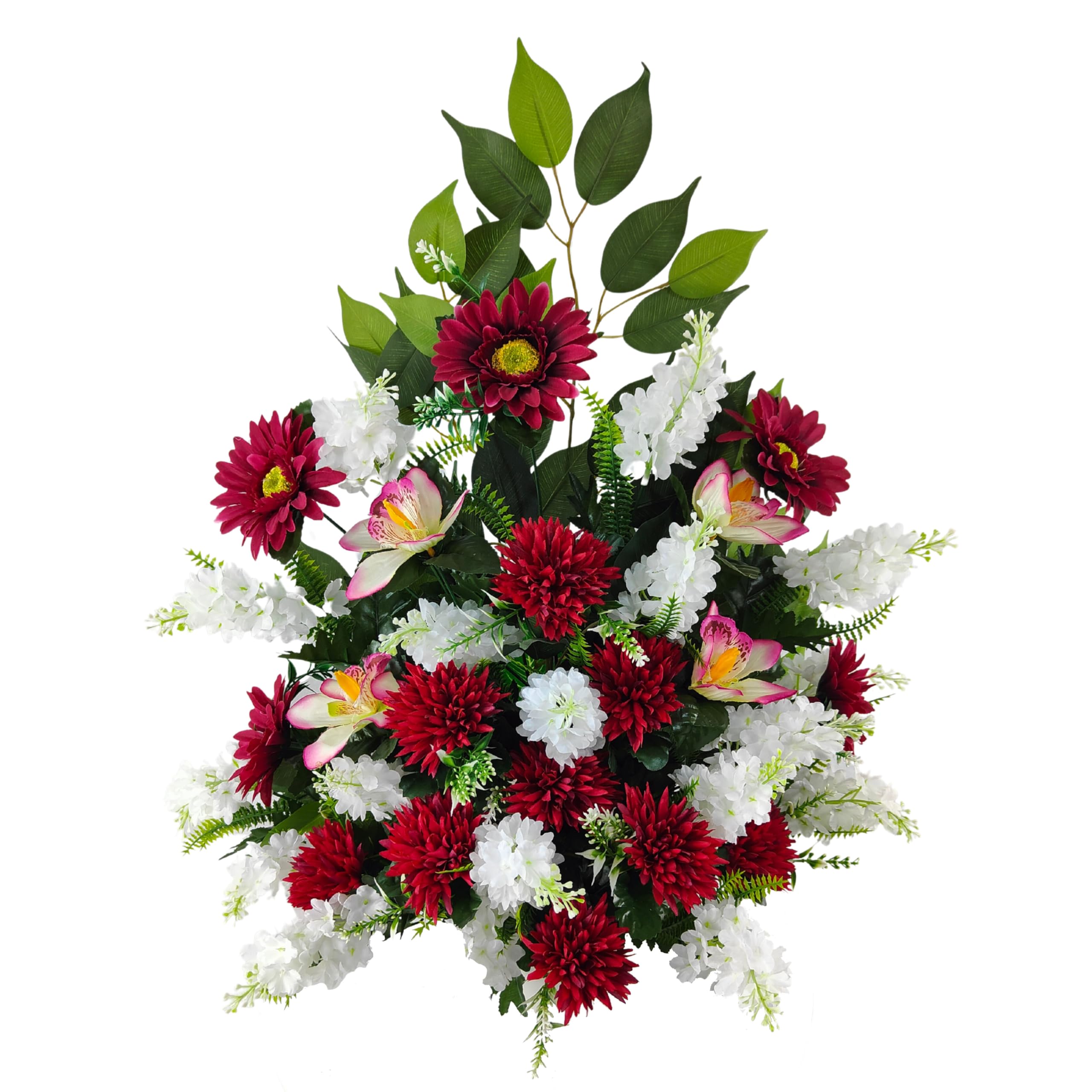 DRW Centro de Flores Artificiales Rojo y Blanco para Cementerio, Bodas, Iglesias con gerberas, Lilas y orquideas 65x60x28 cm