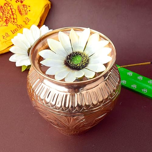 Miniatura 2 de SATVIK - 1 vaso de oración Puja Lota grabado en cobre, grabado en relieve, kalash, swástik om, diseño de propósito, grabado a mano, accesorios