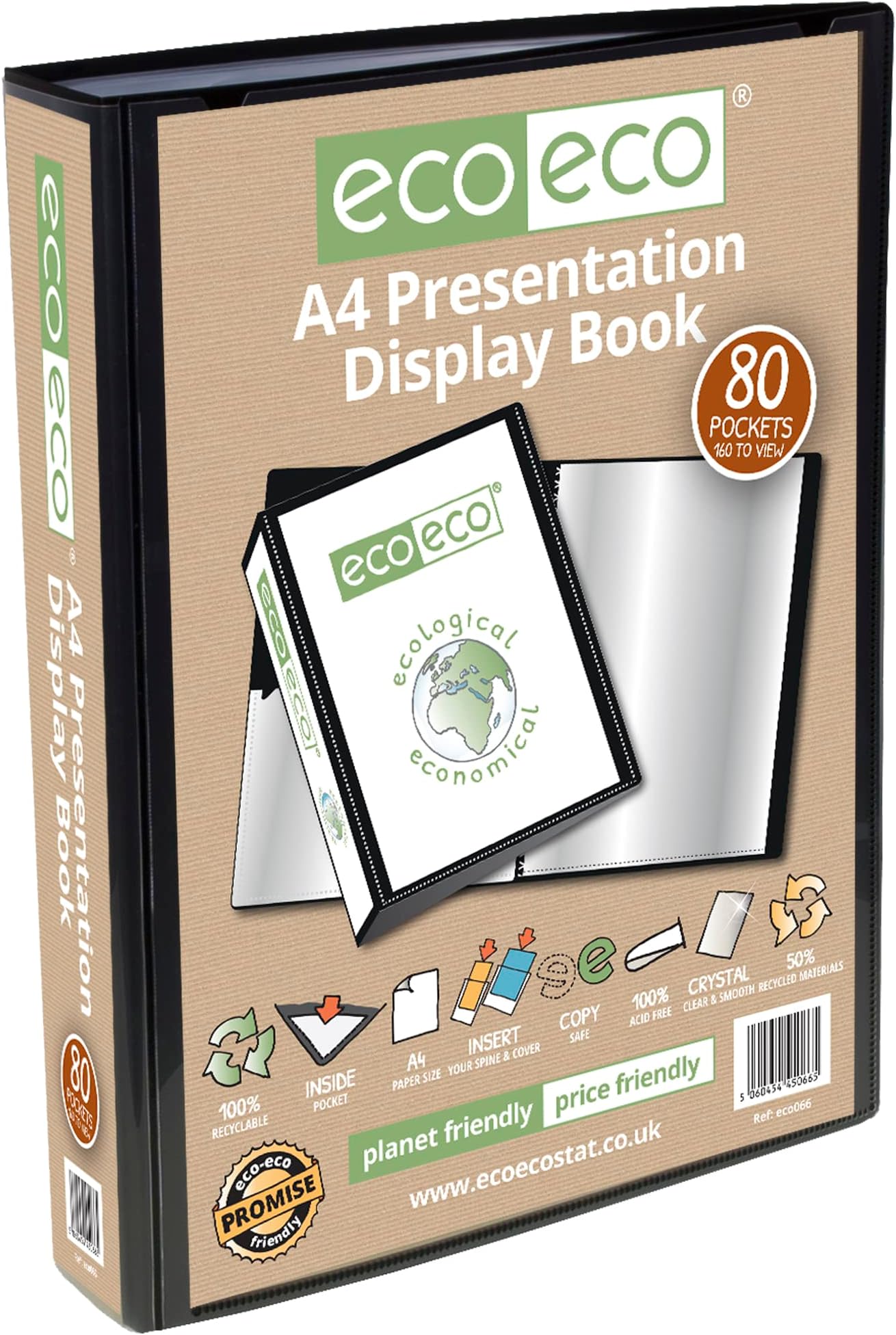 eco-eco A4 Size 50% Recycled 80 Pocket Black Presentation Display Book, Storage Case Portfolio Art Folder with Plastic Sleeves