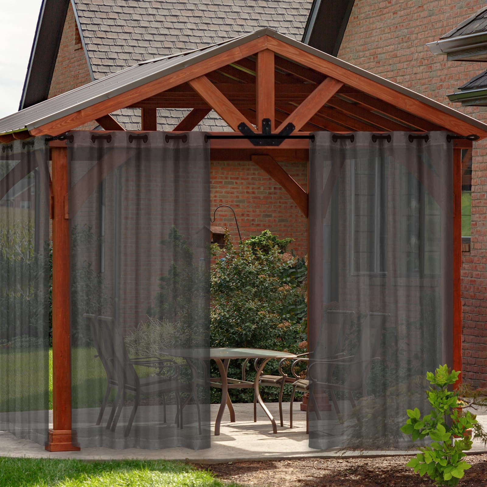 Rclongeu Dark Grey Voile Sheer Linen Look Outdoor Curtains For Patio - 2 Panels Waterproof Sheer Curtains For Pergola, Porch, Cabana And Gazebo Grommet (,2X132*243Cm)