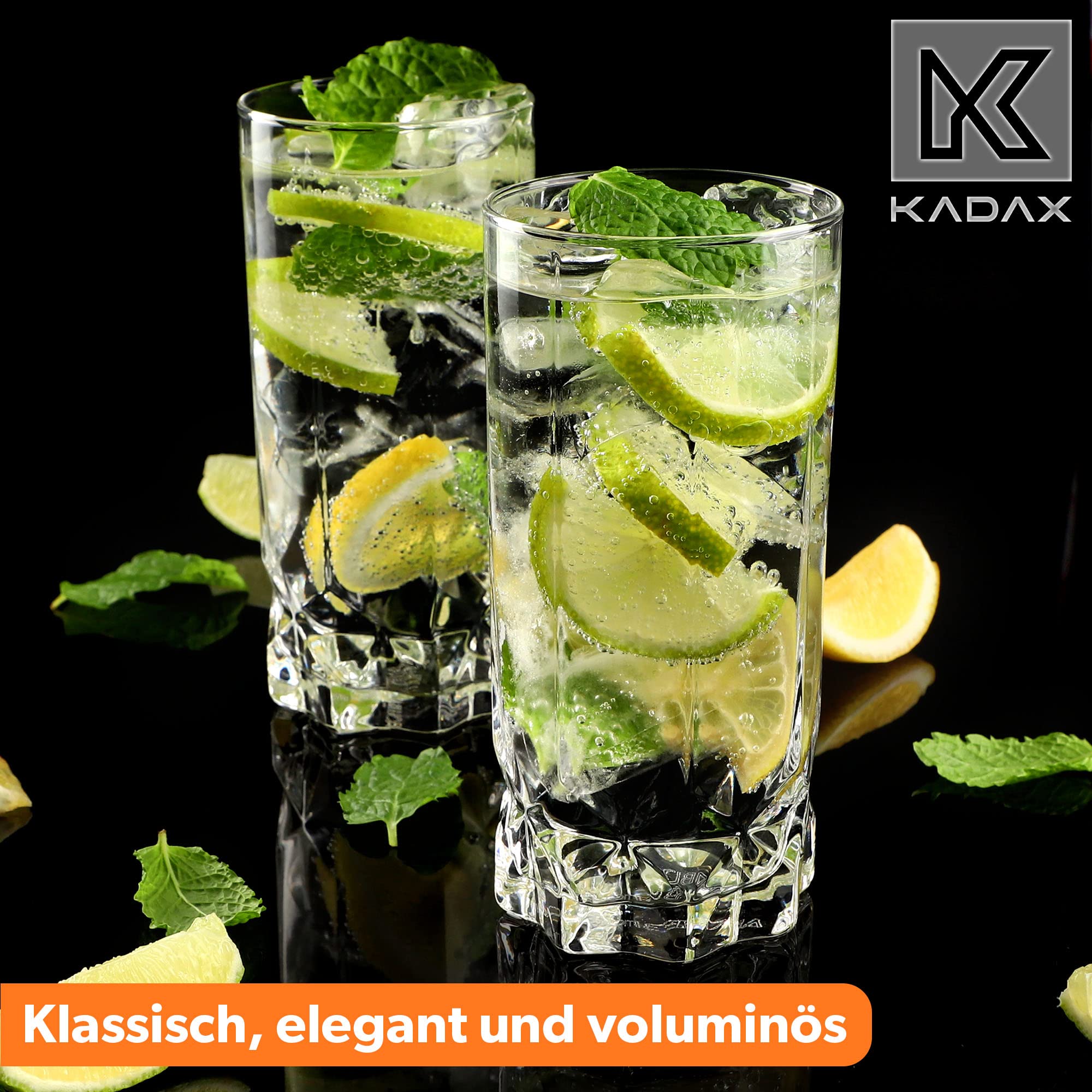 KADAX Bicchieri Trasparenti da Cocktail in Vetro, Bicchieri Highball con Profilo Alto per Long Drink, Mojito e Acqua, Tumbler Moderni (Set di 6, 325 ml)