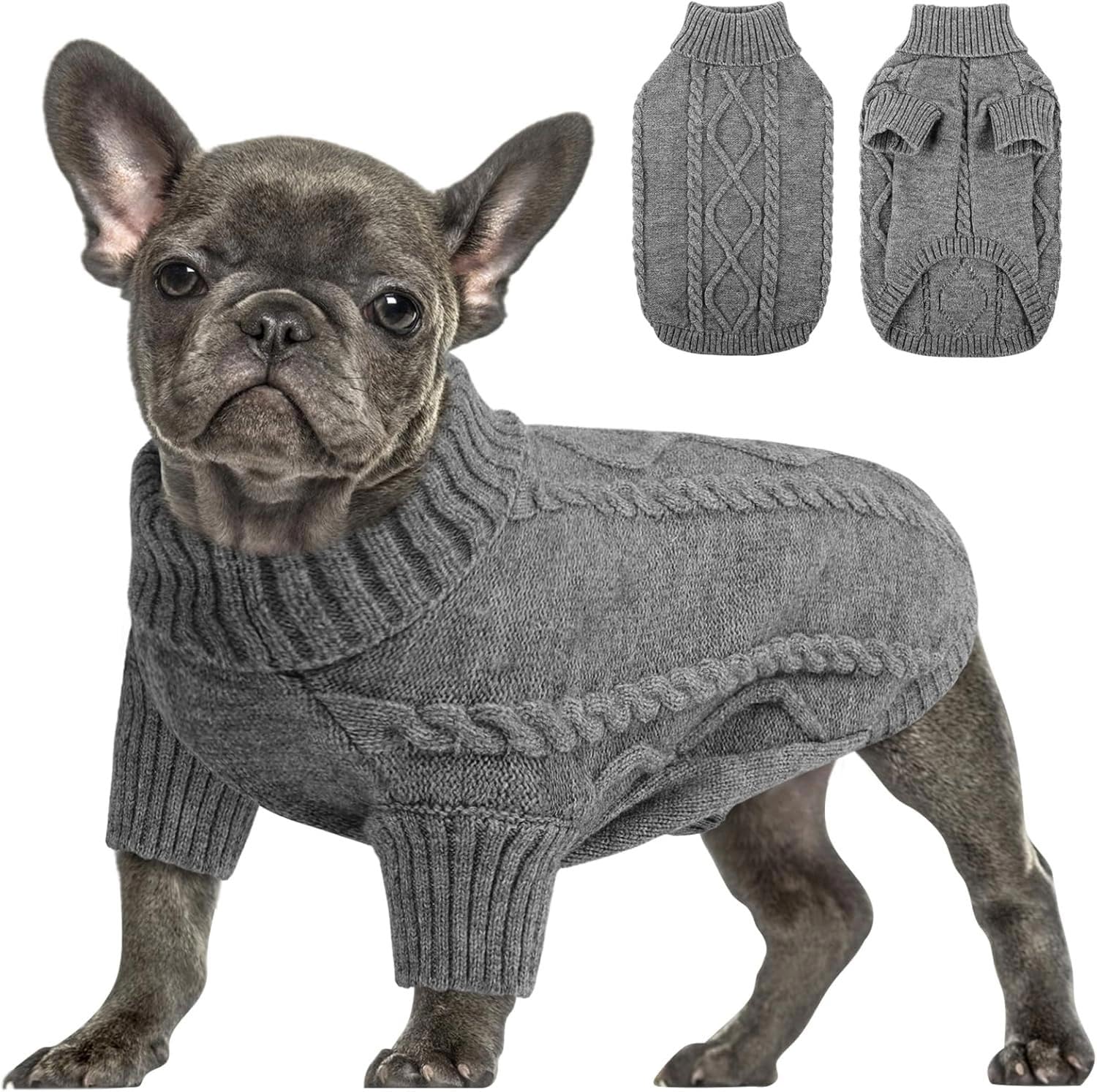 Queenmore Maglione per cani di piccola taglia, maglia a trecce per il freddo, classico dolcevita spesso e caldo, per chihuahua, bulldog, bassotto, carlino (grigio ardesia, S)