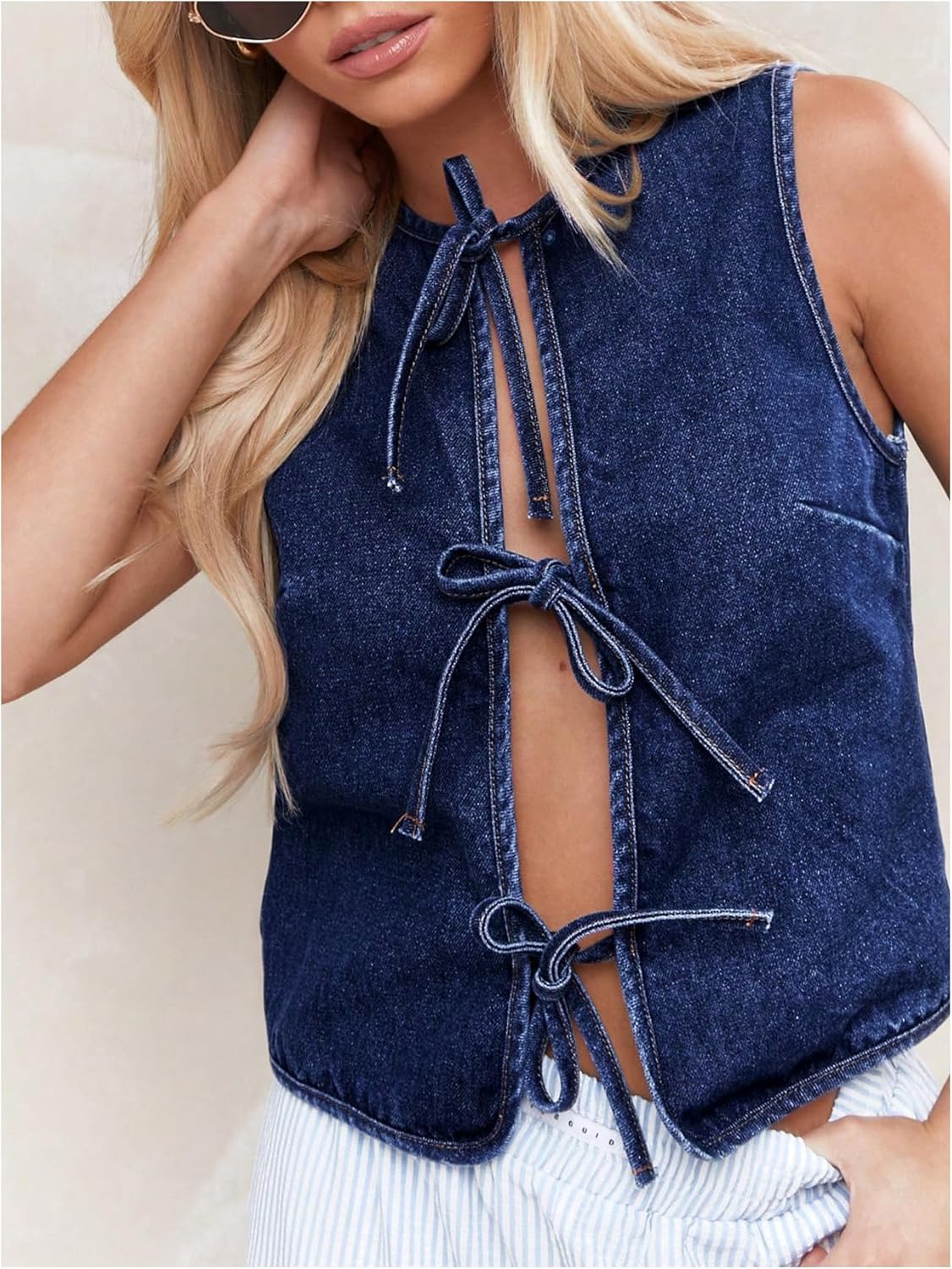 MakeMeChic Women's Jean Vest Tie Front Sleeveless Crop Denim Vest Top Jackets - Image 3