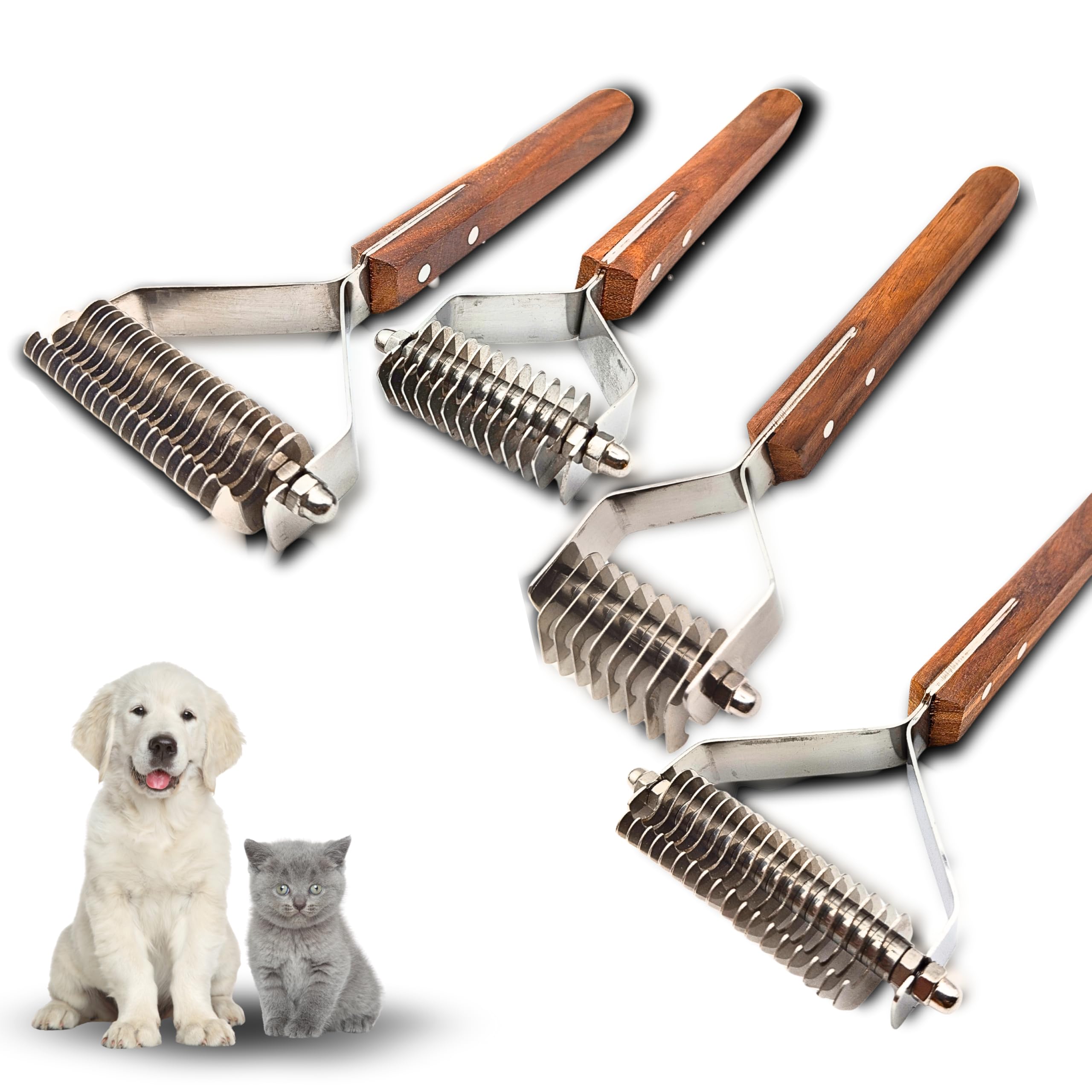 Coat King Dematting Brush – Stainless Steel Blades with Wooden Handle – Professional Grooming Tool for Dogs & Cats – Reduces Shedding & Removes Mats Easily (Set of 4)