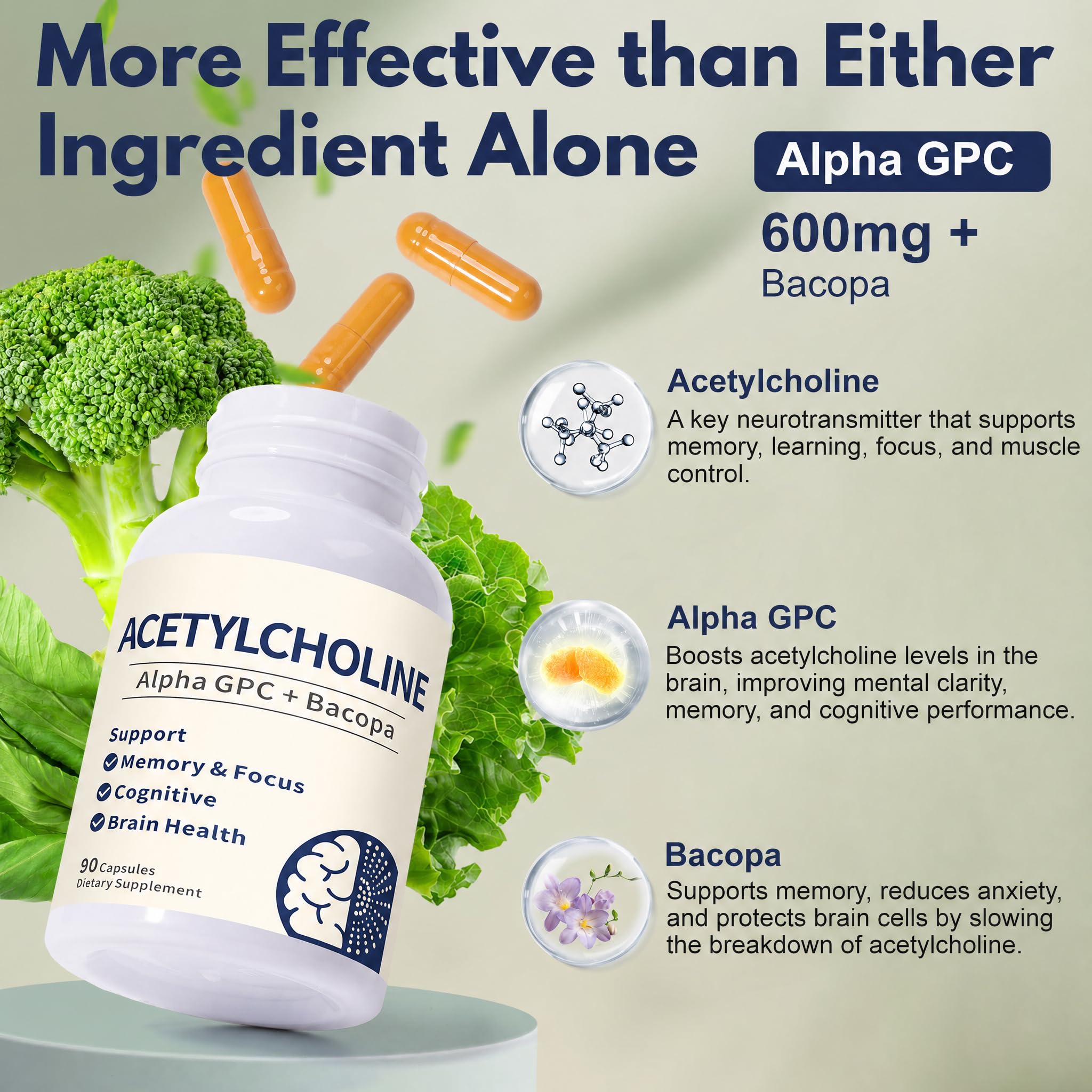 Acetylcholine Supplements with Alpha GPC 600mg & Bacopa, Cognitive Support for Seniors & Adults, Supports Memory, Focus & Brain Health, 90 Capsules — Amazon image 4