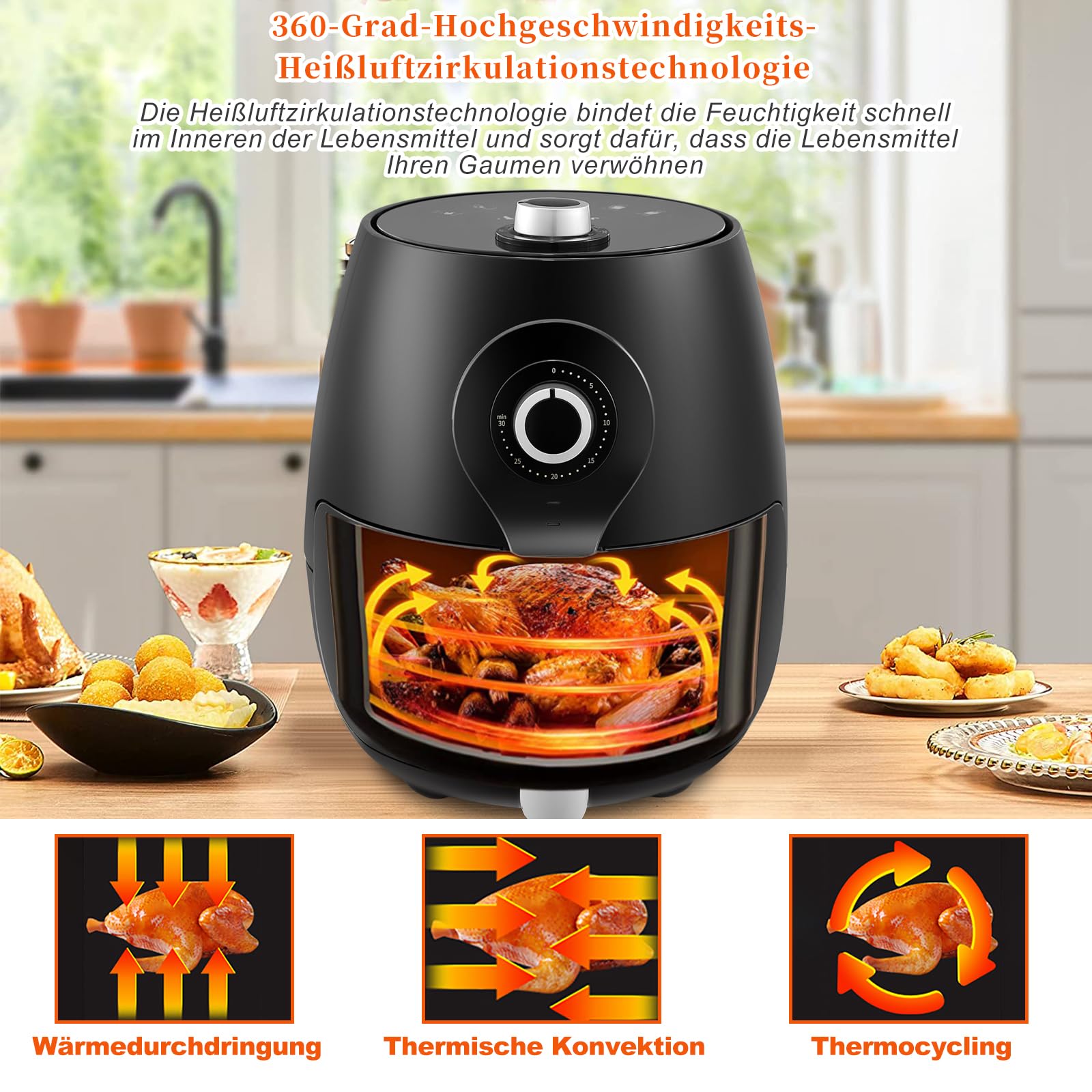 CLIPOP Freidora Digital para el Hogar con Rápida Circulación de Aire, 5L Freidora Grande sin Aceite y Baja en Grasa, Temporizador de 30 Minutos y Control de Temperatura, Cesta Antiadherente