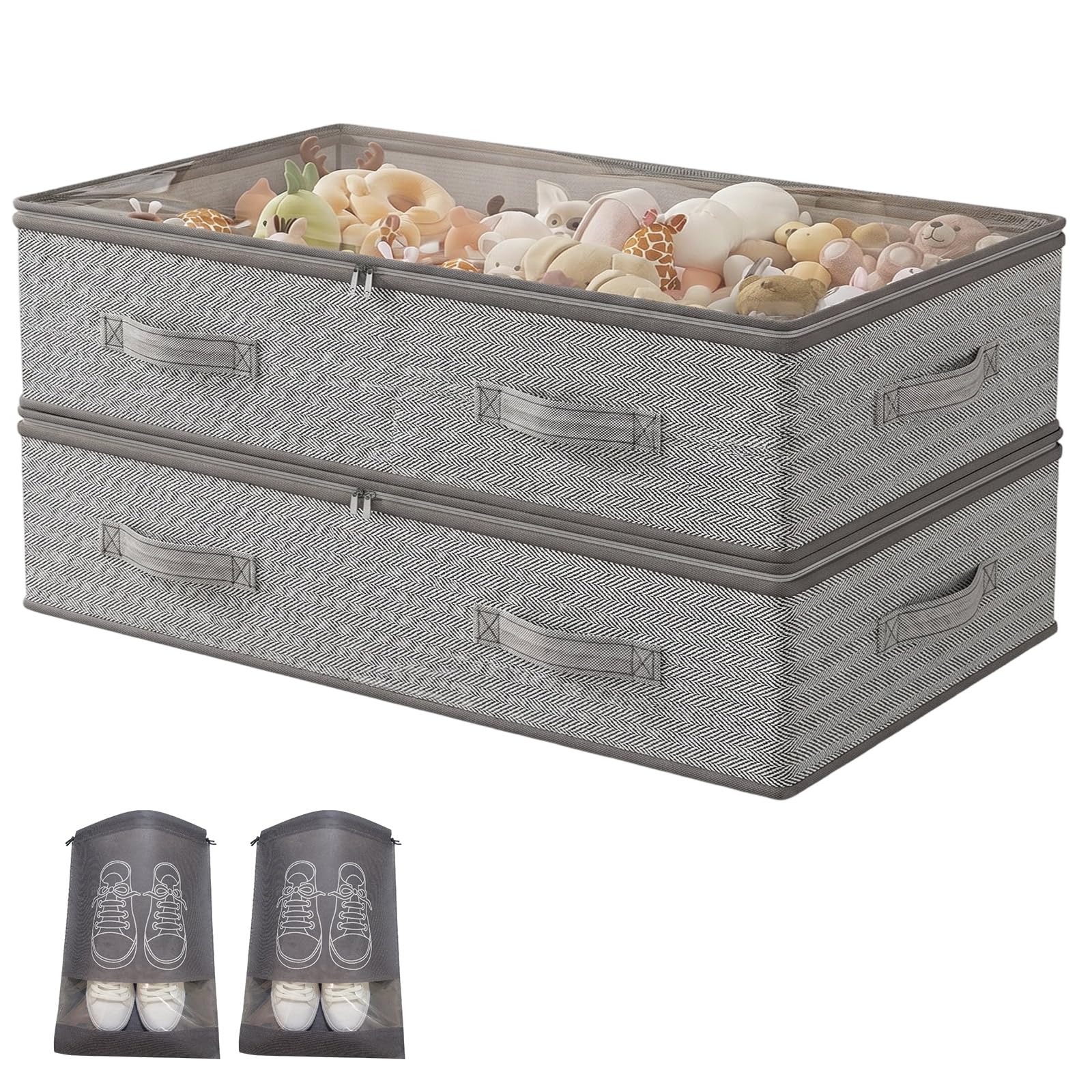 Underbed Storage Box, Pack of 2 Underbed Storage Boxes and Clear Transparent Lid, 18 cm High Made of Durable Material, 4 Handles & 2 Zips, Foldable Clothes Storage & Organisation, Grey, 90 L
