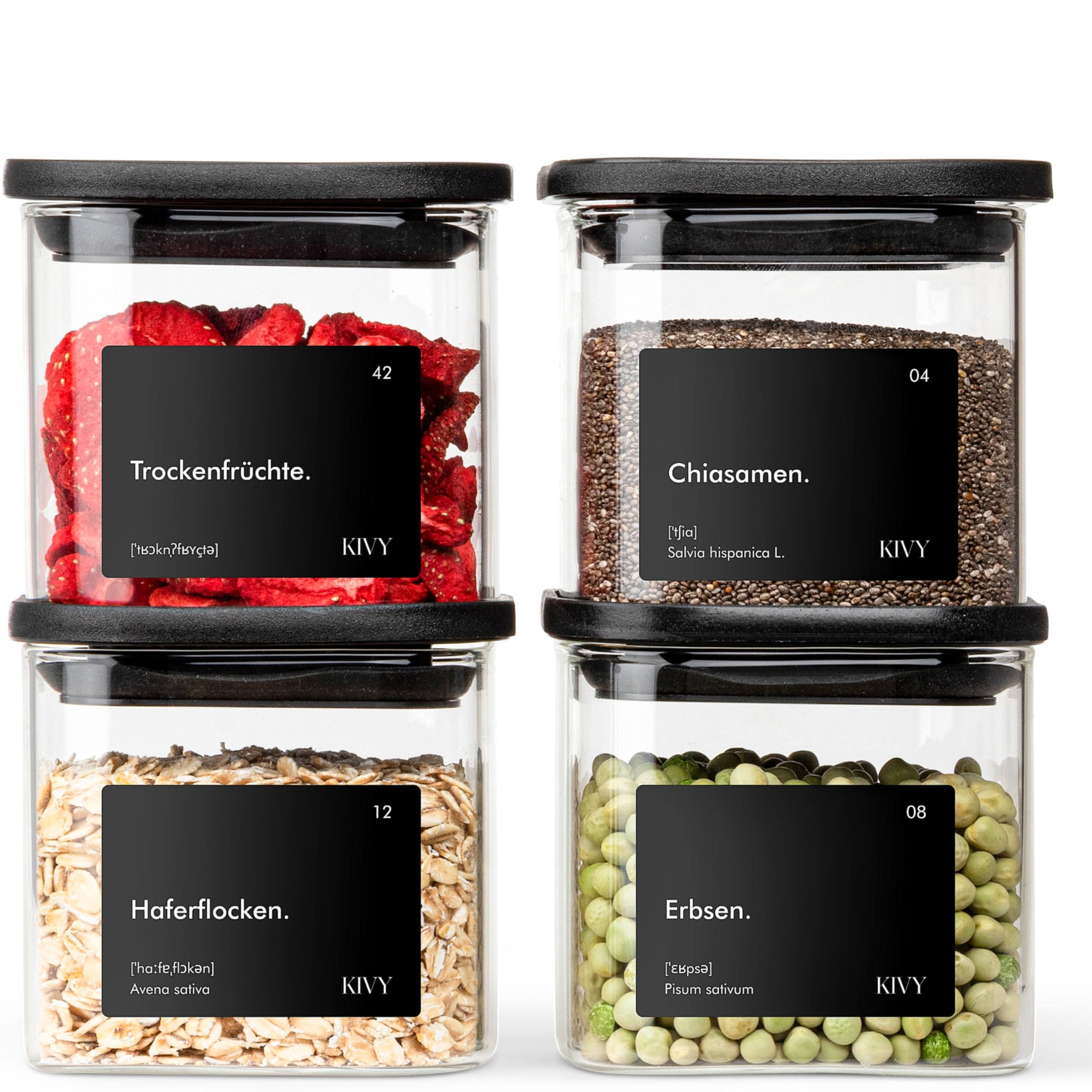 Kivy Black Rectangular Preserving Jars [4 X 400Ml] + Labels - Stackable Airtight Storage Jars With Lids - Small Preserving Jars - Storage Containers