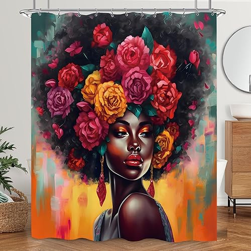 Laifzere Cortina de ducha afroamericana con diseño de niña negra, cortina de ducha para baño, juego de flores afro de rosas, floral, colorido,