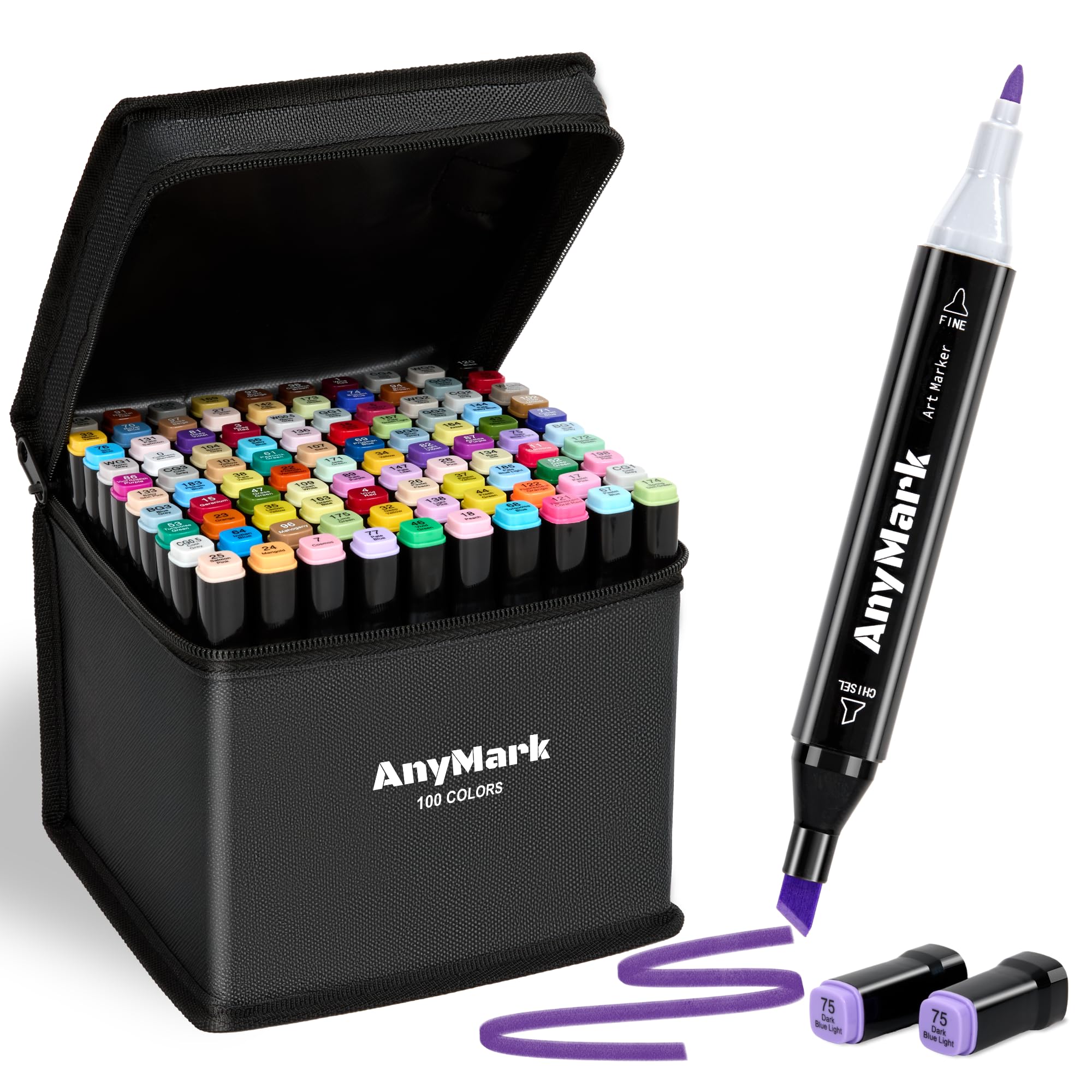 AnyMark Rotuladores de Alcohol 100 Colores, Marcadores de Arte de Doble Punta, Punta Biselada y Fina, para Colorear y Dibujar, Apto para Niños y Adultos