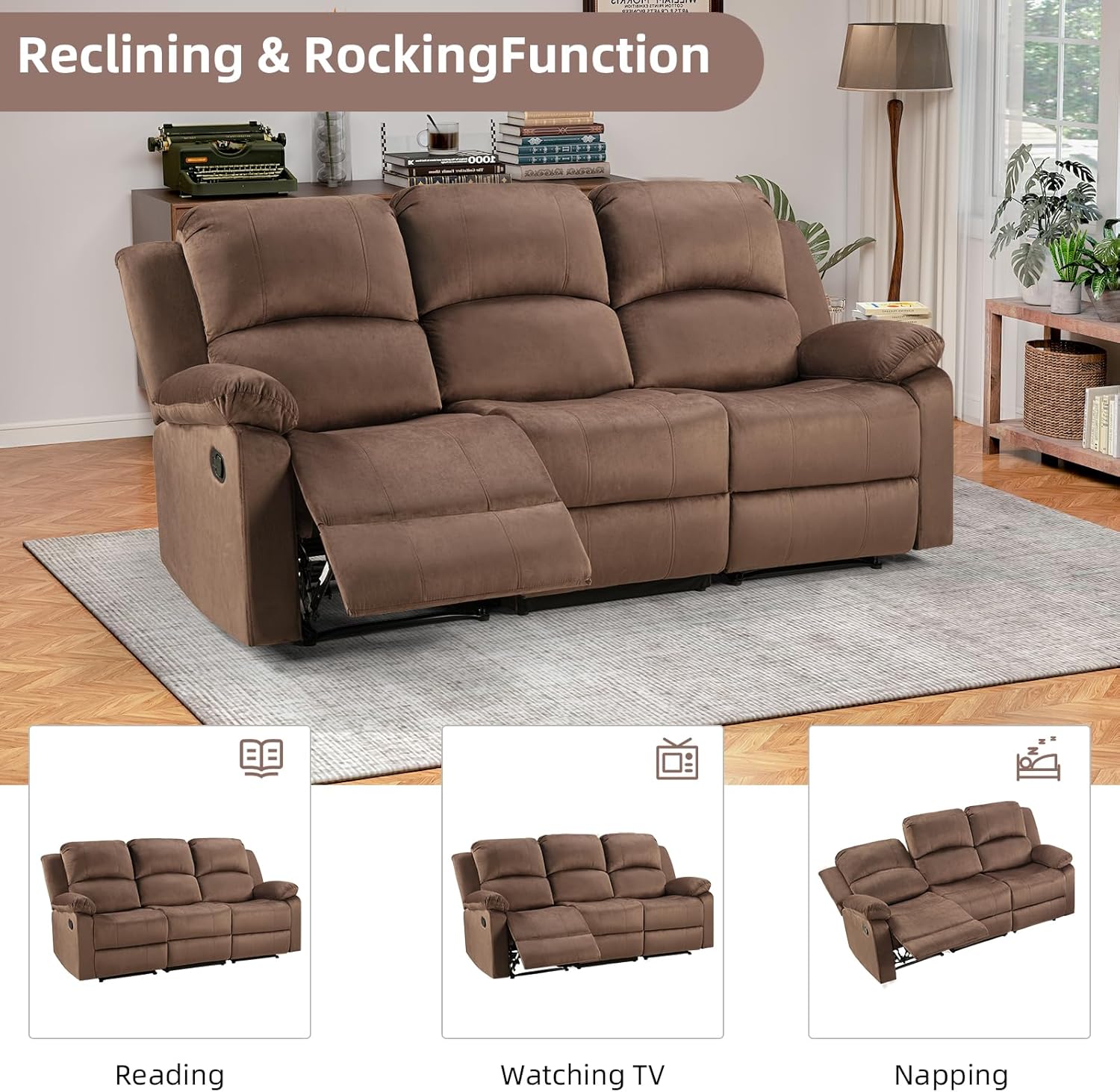 EBELLO Manual Recliner Sofa Set, Microfiber Reclining Couch Furniture Set for Living Room, Includes 1 Recliner Chair, 1 Loveseat Sofa and 1 3-Seater Reclining Couch, Brown