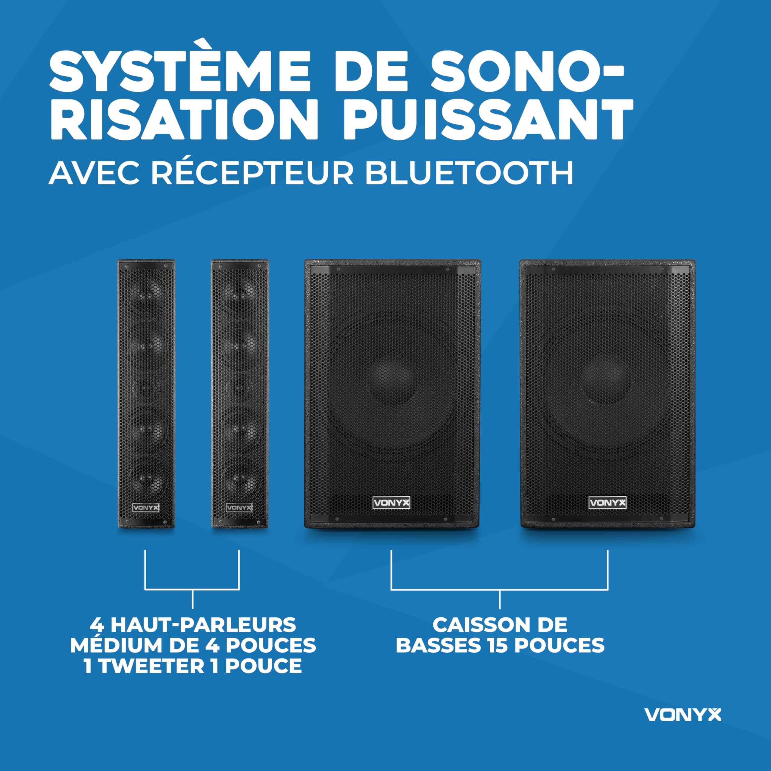 VONYX VX1080BT Pack Sono DJ Actif 2.2 avec Double Subwoofer 15 Pouces, Enceintes 4x4.5, Bluetooth 5.3, USB, Micro, Trépieds, Idéal pour DJ, Soirées, Karaokés, Événements et Présentations