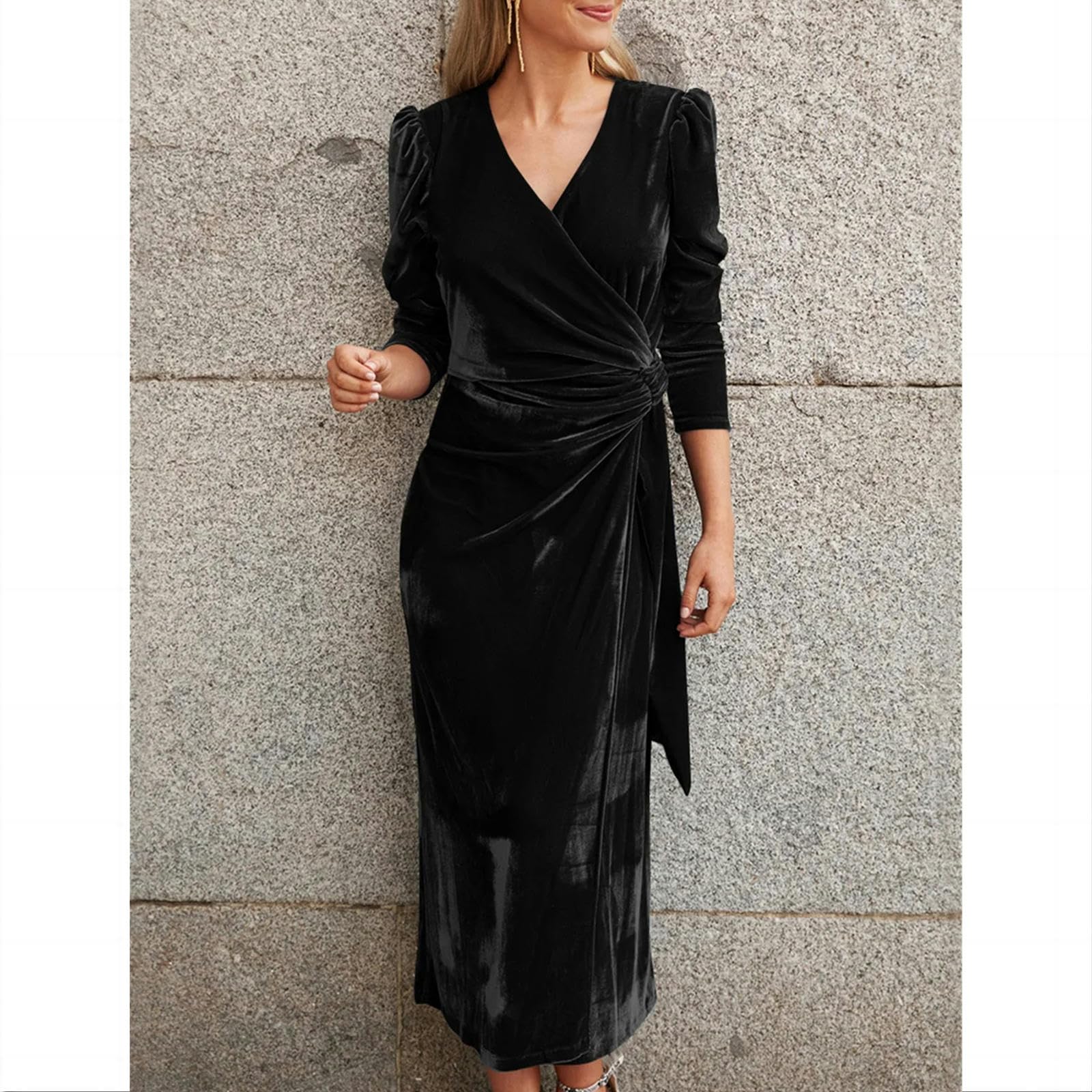 Sukienki damskie elegancka sukienka midi bodycon damska jednolity kolor dekolt w serek wiązana sukienka z długim rękawem