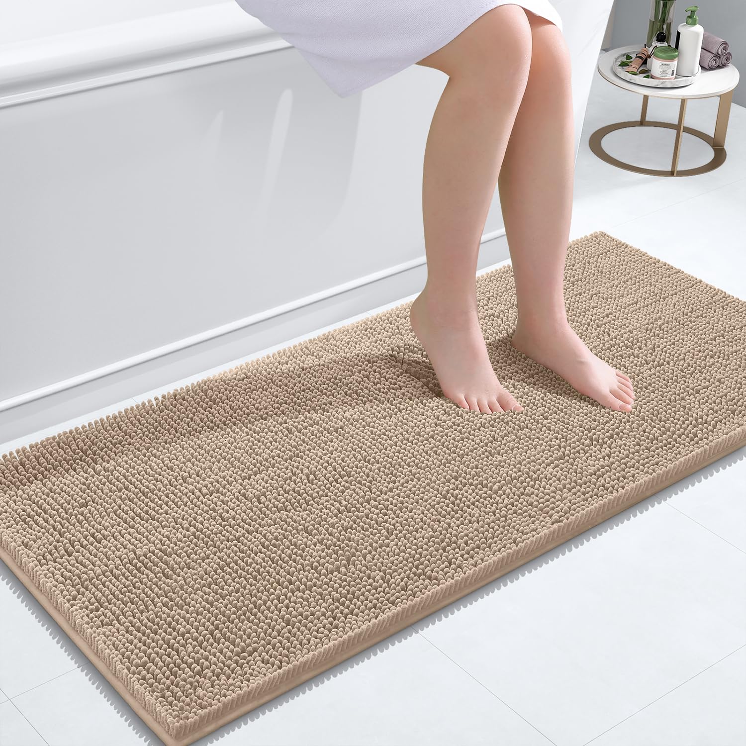 smiry Chenille Bath Mat, 60 x 120 cm, Non-Slip Super Absorbent Bathroom Mat Extra Soft Fluffy Bath Mats for Bathroom Thick Machine Washable Floor Mats Rugs Runner, Beige — image 1