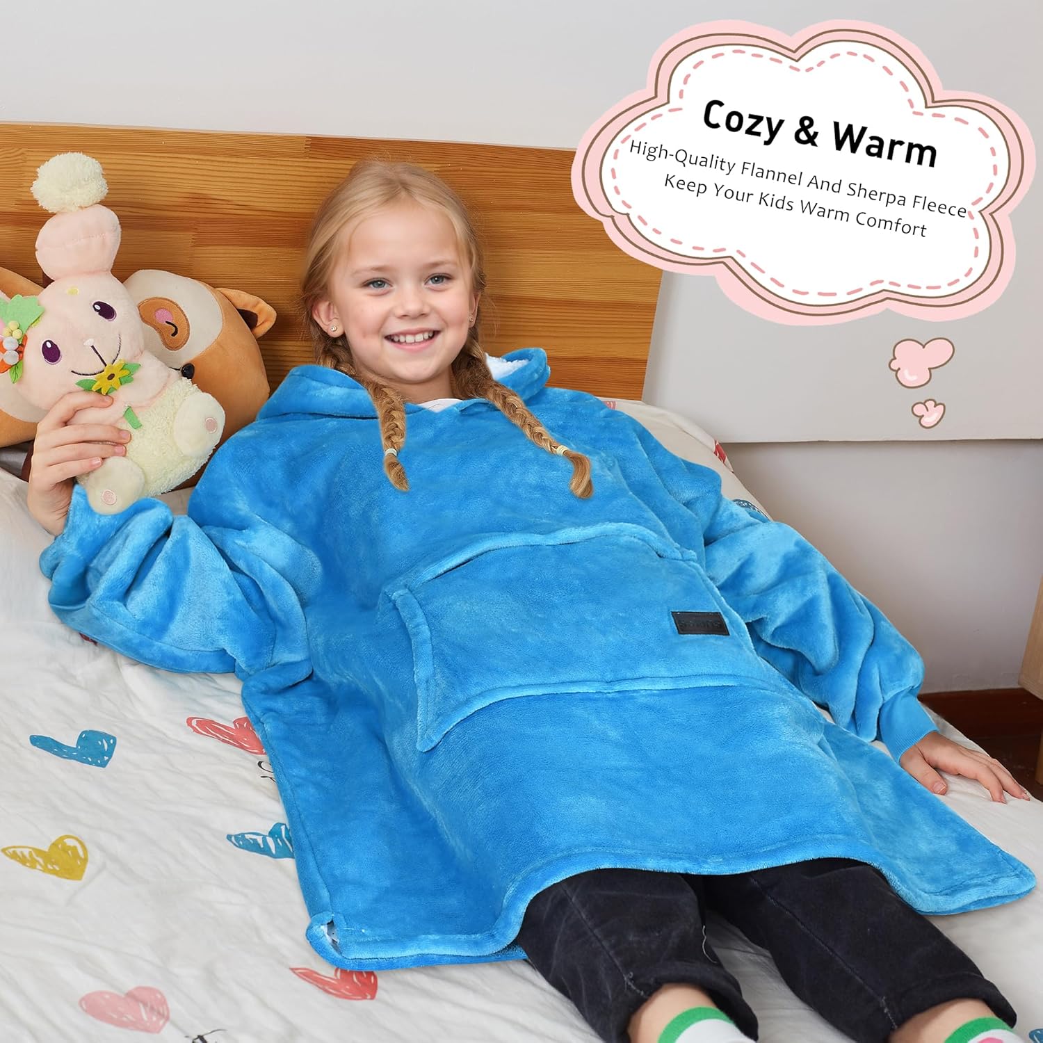 Solaris Wearable Blanket Hoodie for Kids - Warm Soft Gift, Oversized Cozy Sherpa Fleece Sweatshirt Pullover for Teens, Girls, Boys, Large Pocket, Light Blue - Image 2