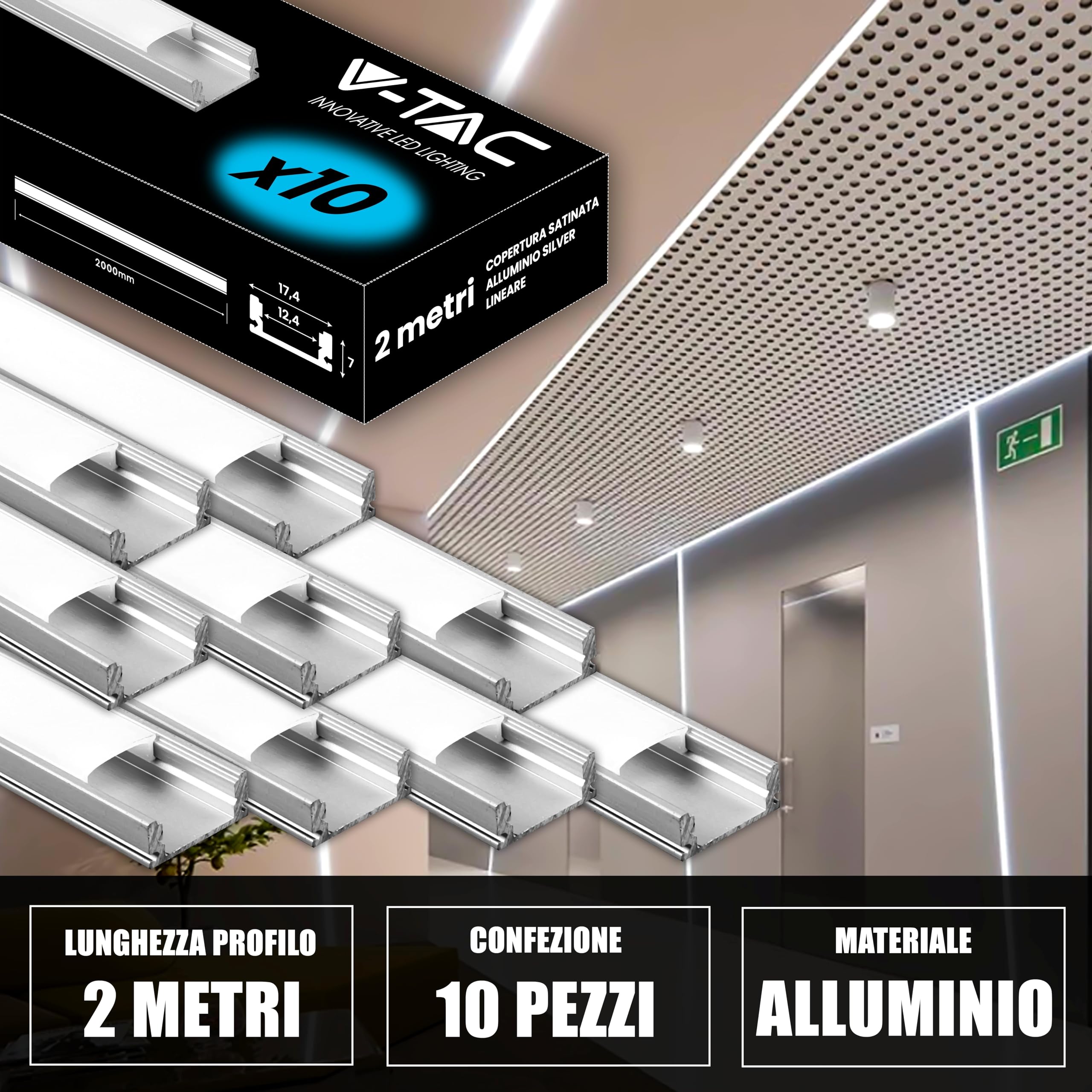 V-TAC 10x Profili per Strisce Led da 2 METRI Rettangolari in Alluminio - (20 Metri Totali) - Profili per Strisce LED Copertura Opaca - Ingombro max Striscia Led 12,4 mm - Dimensioni 17,4 x 7 mm