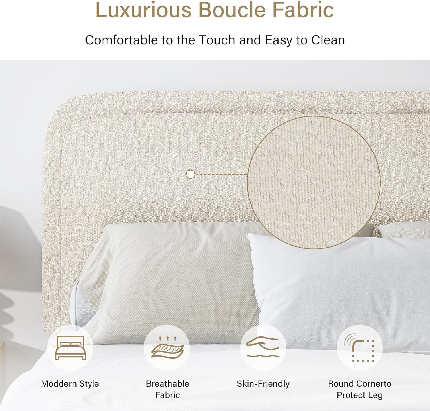 BarnFurin Boucle Upholstered Bed Frame King Size/Cloud Bed Frame/Soft Rounded Corners Headboard/Low Profile/No Box Spring Needed/Non-Slip and Noise-Free/Cream - Image 6