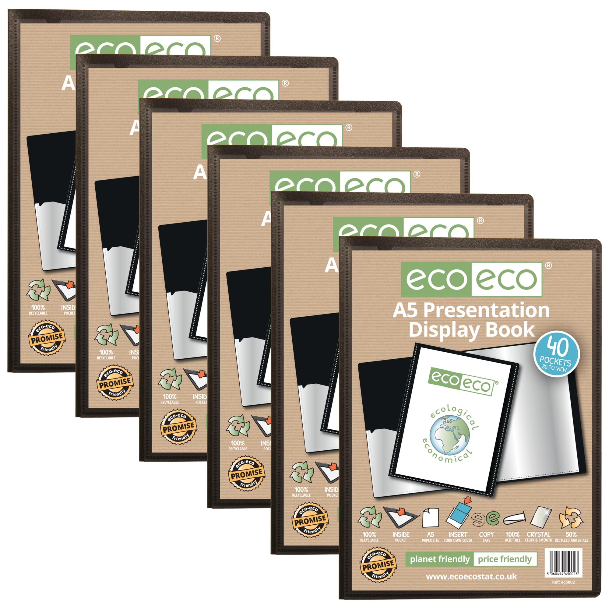 eco-eco A5 50% Recycled 40 Pockets Presentation Display Book Folder (Pack of 6), eco002x6, Black