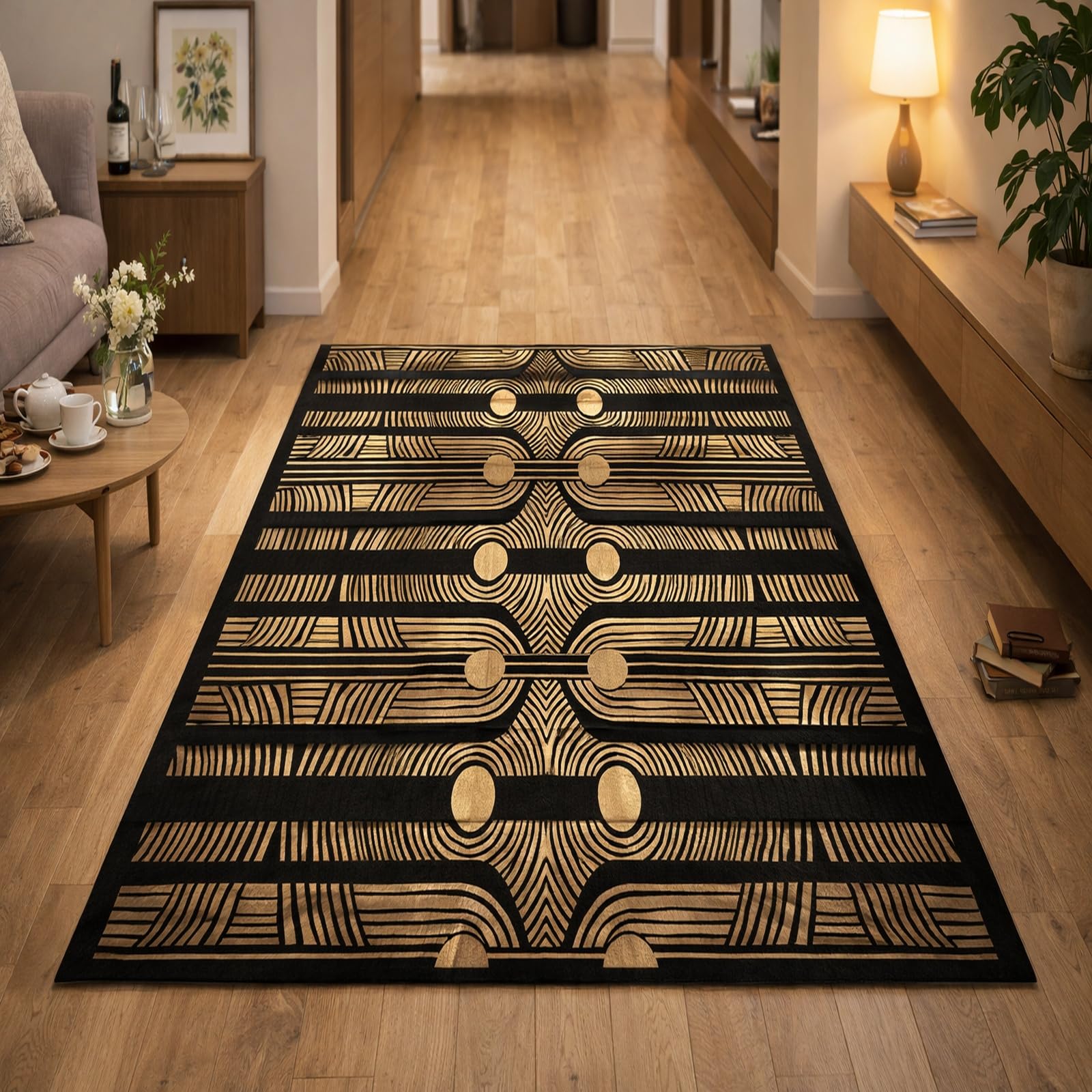 Alfombra de pasillo y entrada retro negra para dar vida a zonas de tránsito