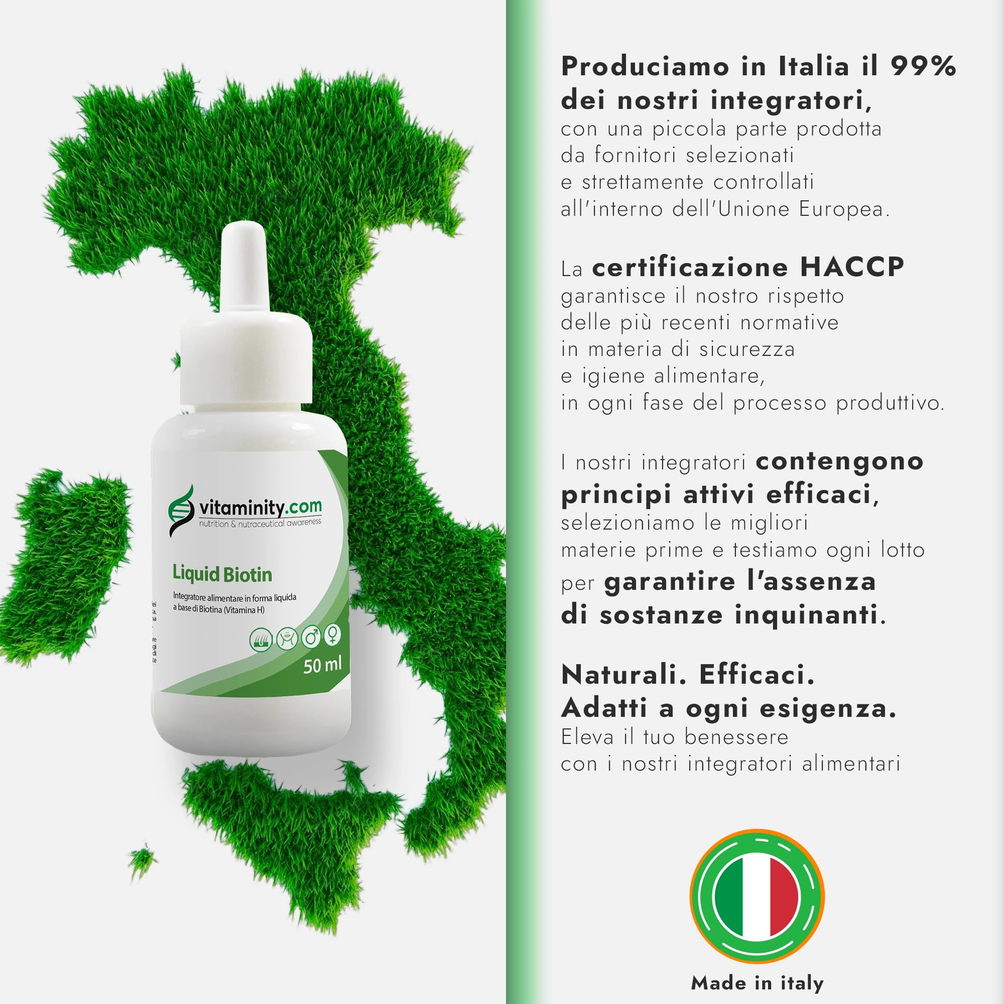 Vitaminity Biotina Liquida 50 ml 900 gocce 1 al giorno, Integratore Biotina per Capelli, Pelle e Unghie, Vitamina H ad alta biodisponibilità - Made in italy