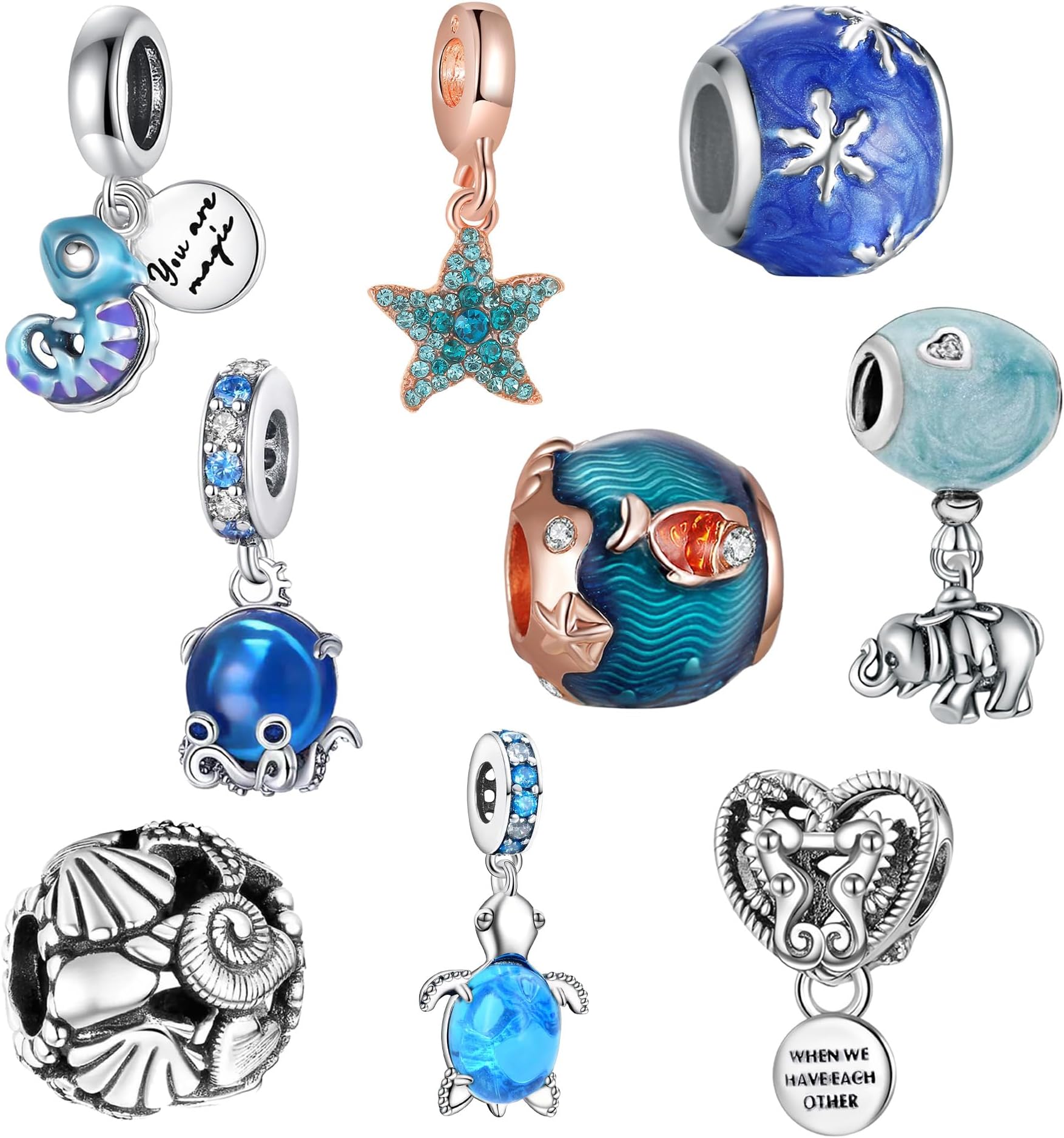 9 Pack Silver Spacer Beads Charms fit Bracelet CZ Pendant Set