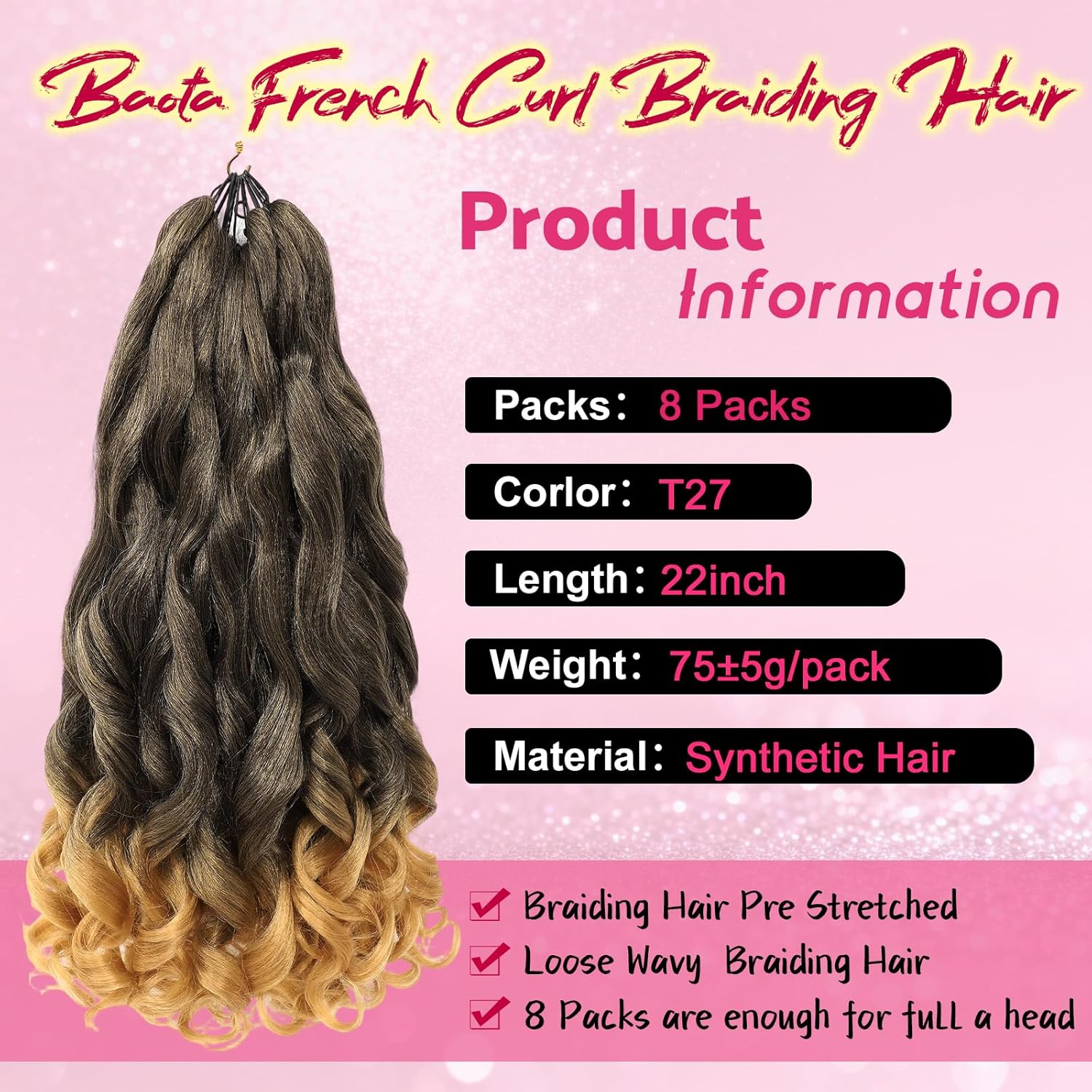 French Curl Braiding Hair 22 Inch Loose Wavy 8 Packs Curly Braiding Hair Extensions Crochet Hair for Women French Curly Crochet Braids (T27,8 Packs）