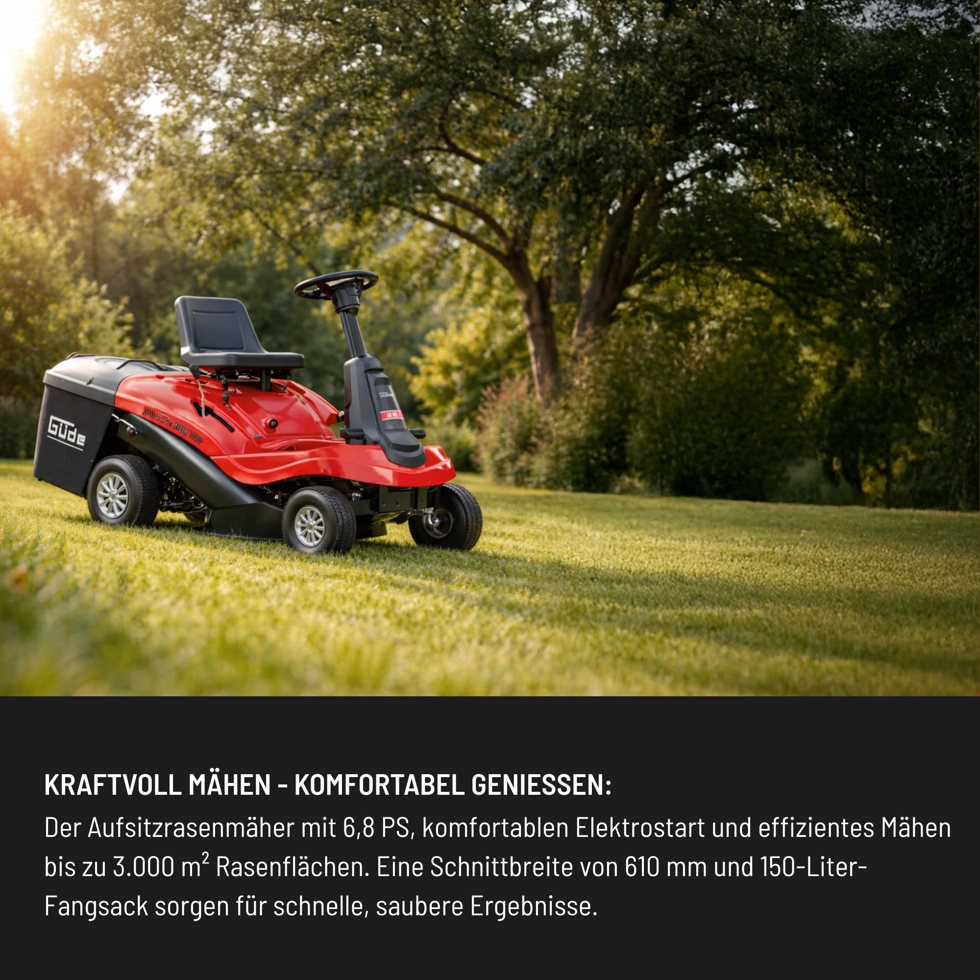 Güde GAR 602 M Aufsitzrasenmäher - 4-Takt Motor, 224 Kubikzentimeter Hubraum, 5 Kilowatt, 6,8 PS, 61 Zentimeter Schnittbreite, 5-fache Schnitthöhenverstellung, 5-Gang Schaltung, 4,6 km/h, E-Start