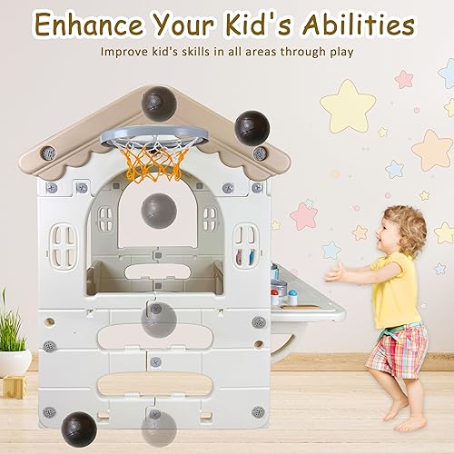 Miniatura 4 de Casa de juegos para niños de 41.3 x 31.4 x 29 pulgadas, casa de juegos para interiores y exteriores, con puertas de trabajo, encimera y aro de