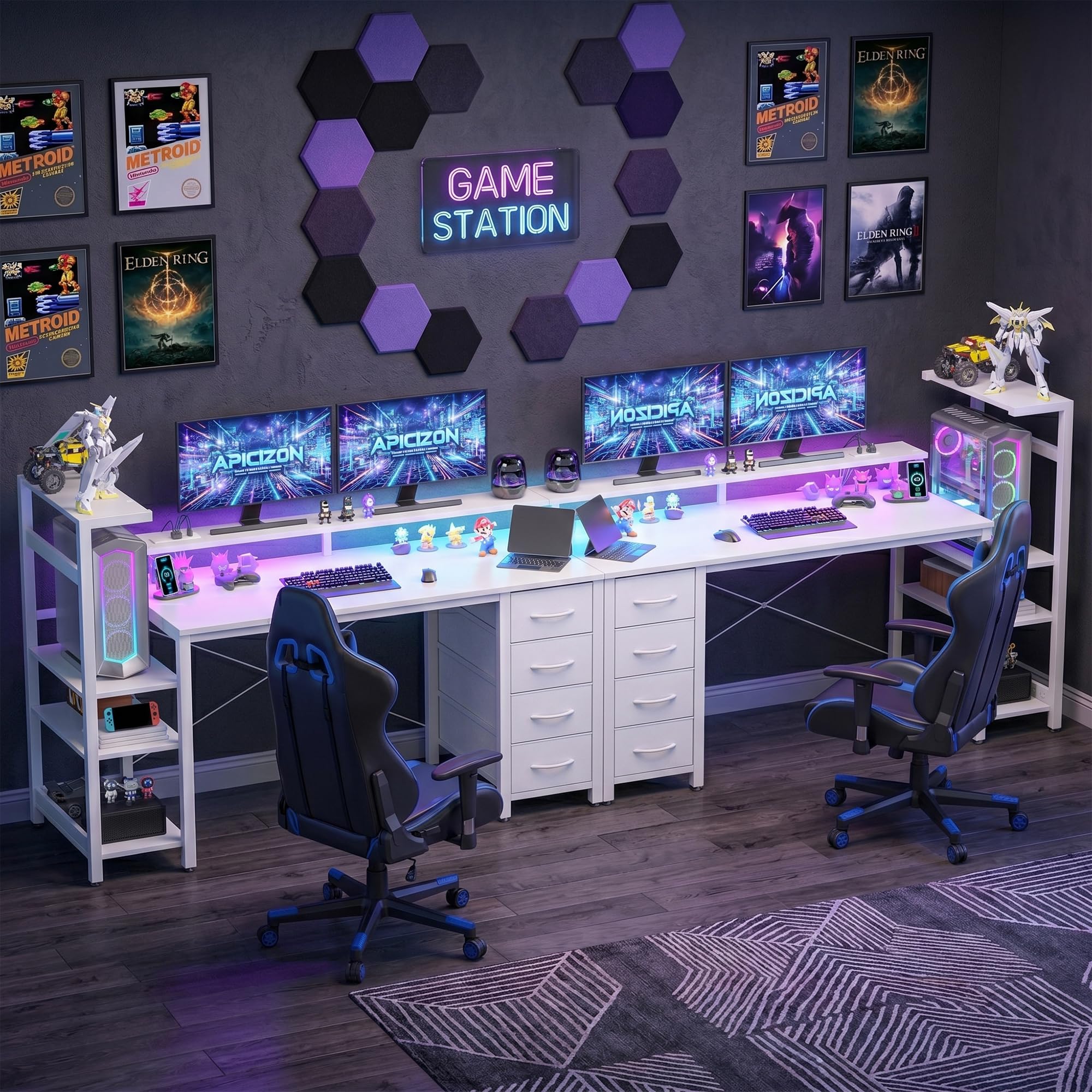 APICIZON Scrivania Gaming 150 cm con Libreria - Scrivania per PC Reversibile con Luci LED RGB, 2 Porte USB, Supporto per Cuffie e Portabicchieri, Effetto Carbonio Bianco