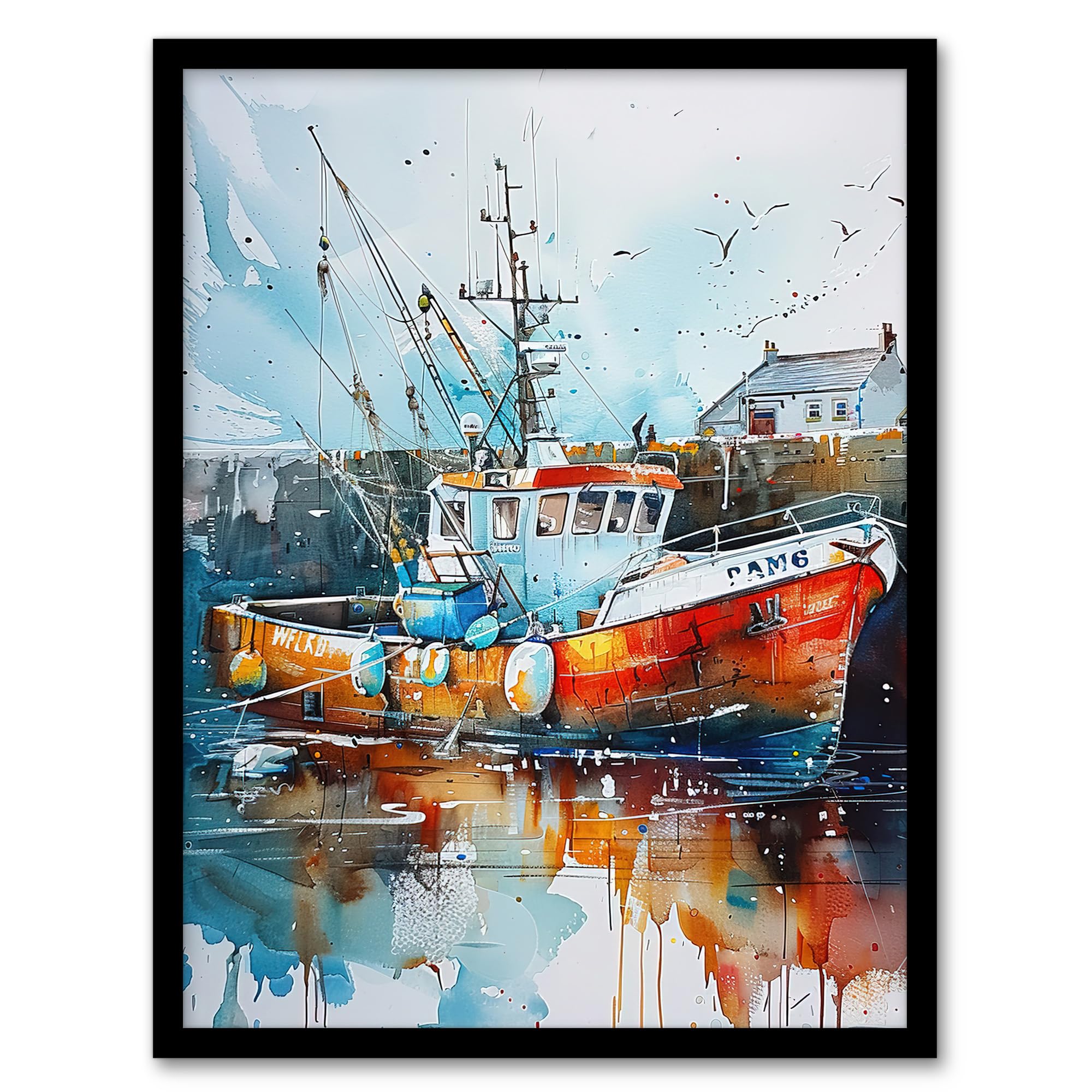 Artery8 Fishing Boat Harbour Watercolour Classic Coastal Wall Art PrintA4 Size from B&Q