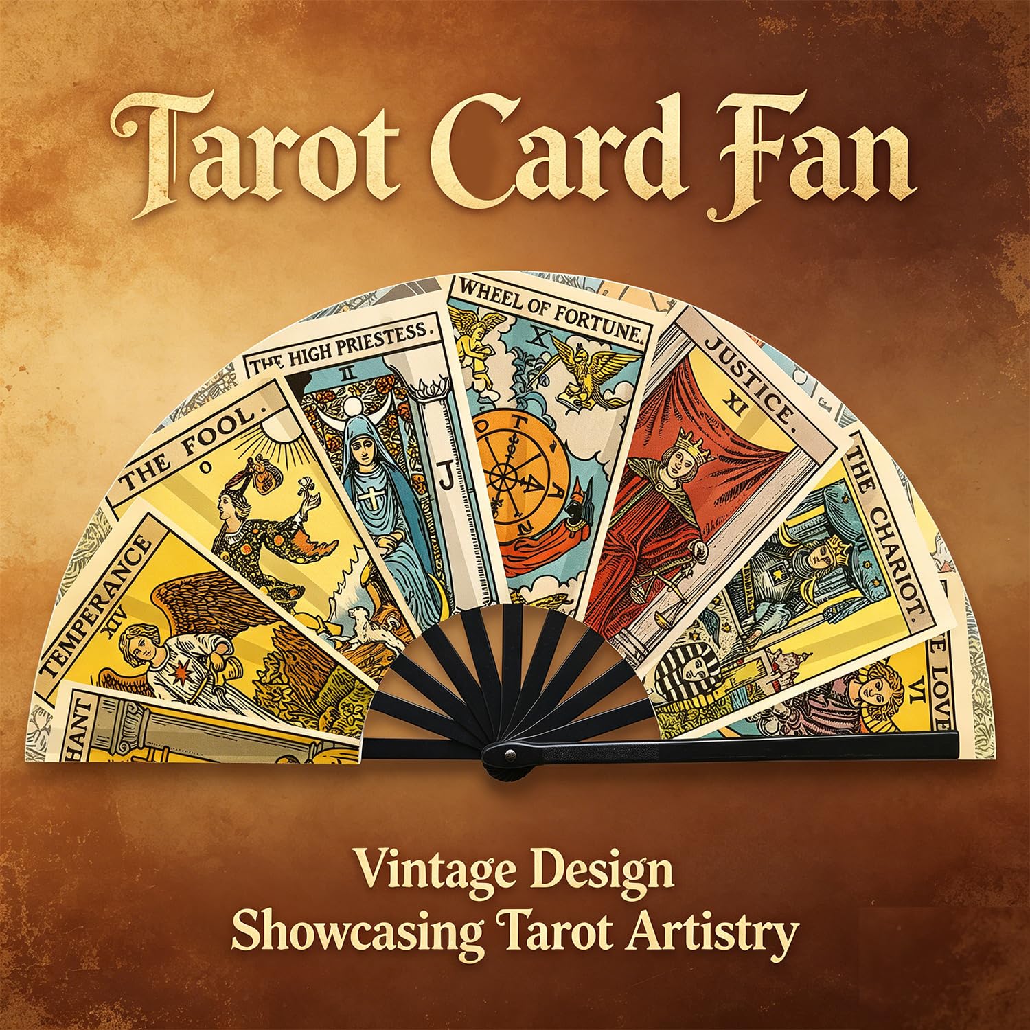 Éventail de tarot, éventail mystique avec motifs de cartes de tarot, pour festival, marché médiéval, cosplay et costume de fête, cadeau pour les amateurs de divination
