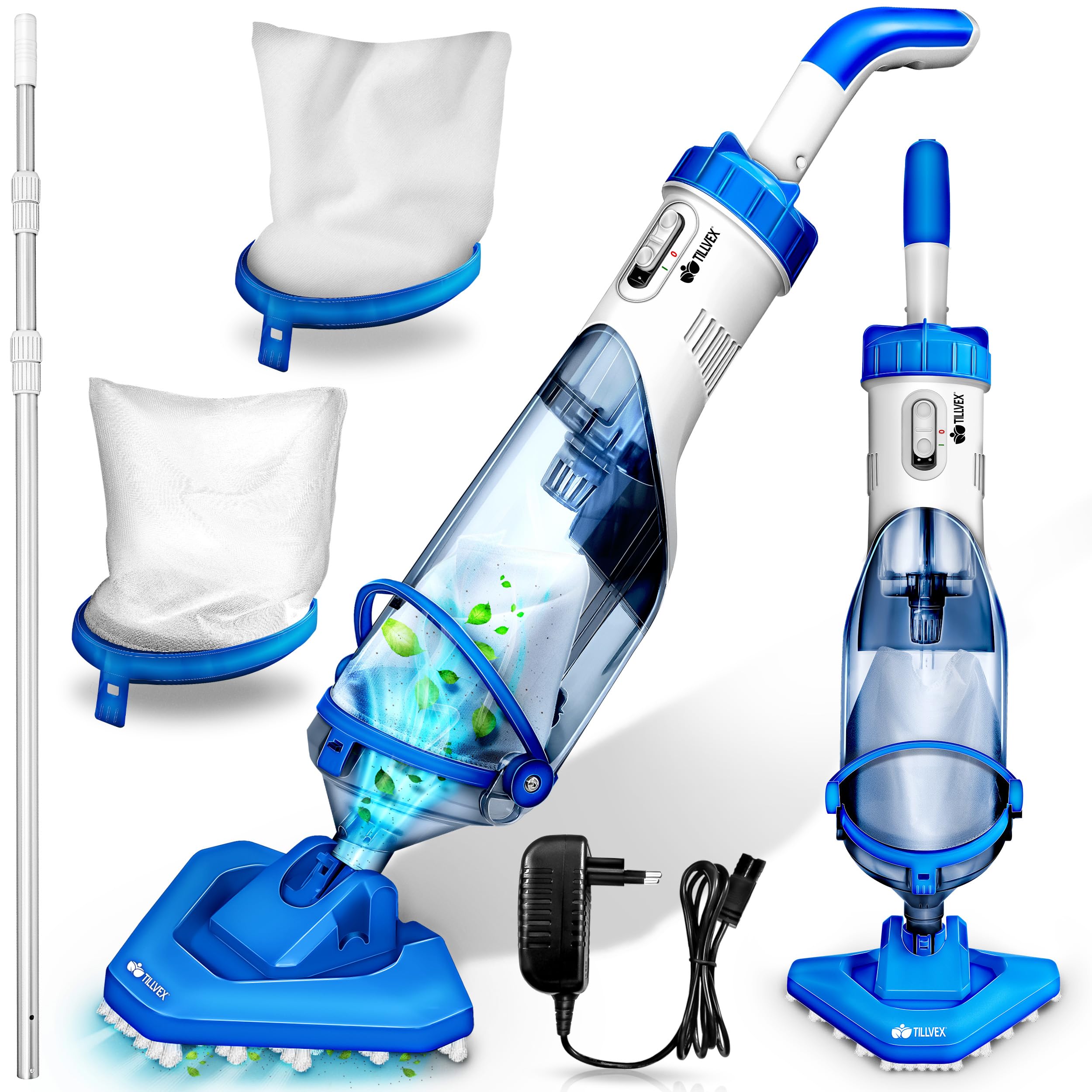 Aspirateur De Piscine Sans Fil Tillvex - Batterie 60 Min, Perche 2,4 M, 2 Filtres, Pour Bassin Jusqu'à 15 M³