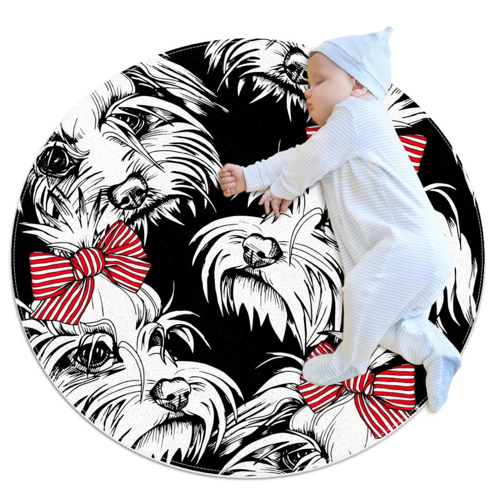 Tapis de salle de bain rond 1m avec motif chiot maltais blanc et camomille