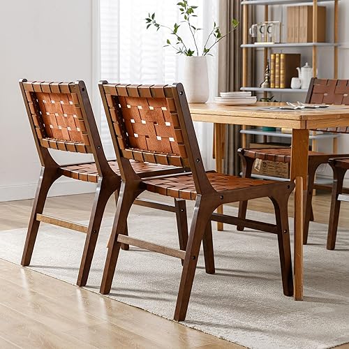 Miniatura 4 de Juego de 2 sillas de comedor estilo granja, de piel sintética, modernas, con tiras tejidas, cómodas, patas de madera, para comedor, sala de estar,