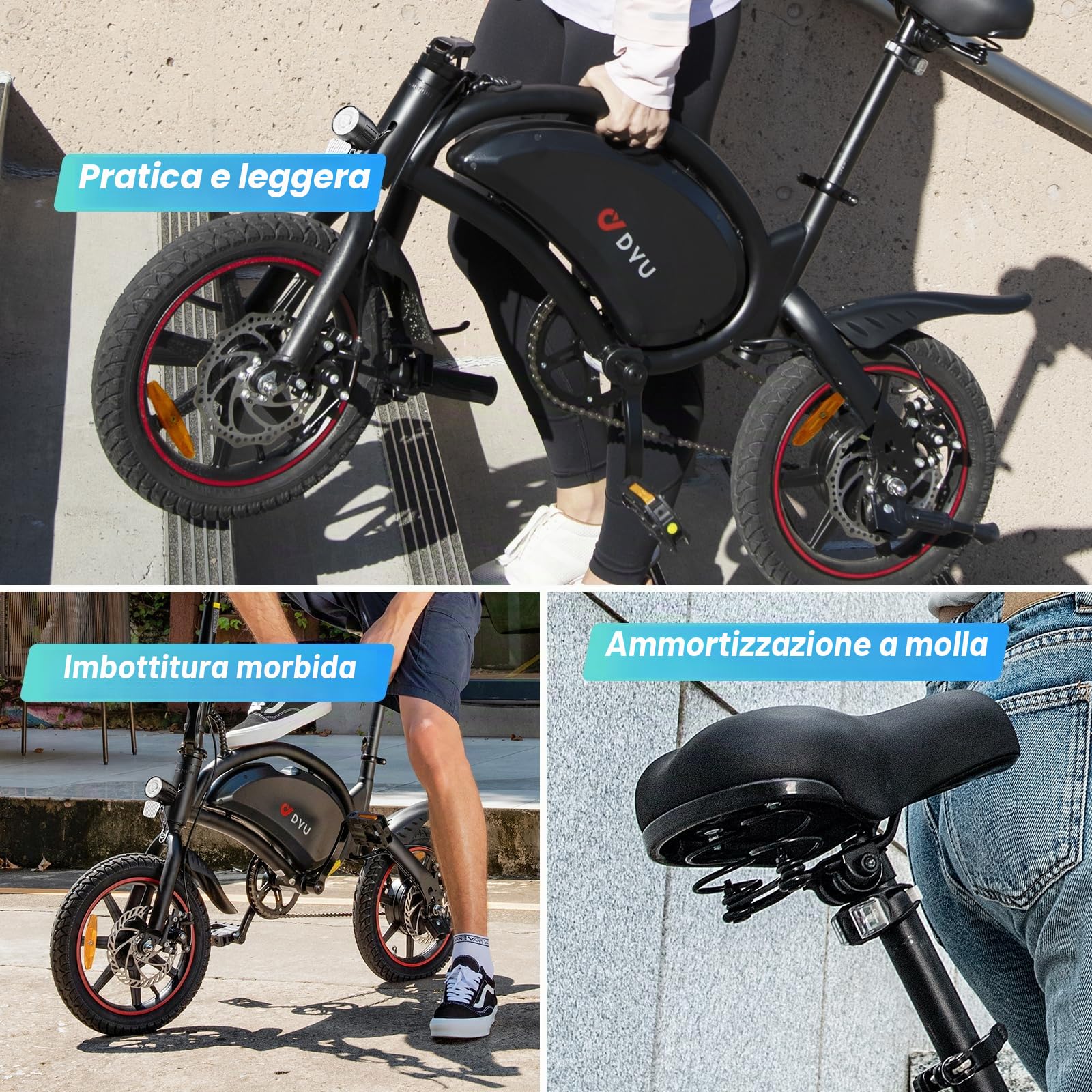 DYU D3S Bicicletta elettrica pieghevole da 14 pollici, velocità massima di 25 km/h, portata 40 km, freni a disco, pieghevole, per ragazzi e adulti