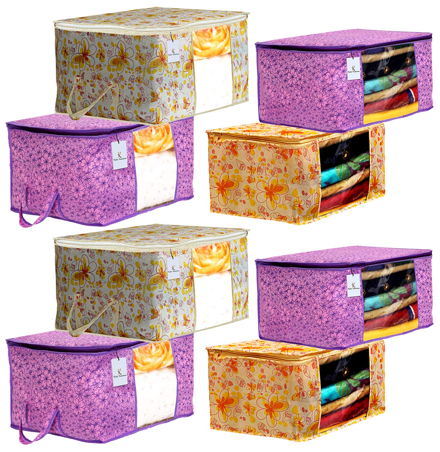 Kuber Industries Metalic Printed 4 Piece Non Woven Saree Cover and 4 Pieces Underbed Storage Bag, Storage Organiser, Blanket Cover, Pink Purple & Ivory Red -CTKTC42431