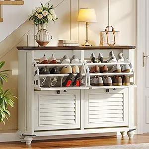 DWVO Shoe Cabinet with 4 Flip Drawers, Farmhouse Shoe Rack with Shutter-Doors, Wooden Entryway Shoe Storage Organizer, Rustic Hidden Shoe Cabinet for Foyer, Hallway, Living Room, White