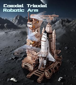 ROKR 3D Wooden Puzzles Space Shuttle-Dynamic Launch Base with Motorized Lift, LED Light Effects, 1:420 Scale Collectible Building Kit Airplane Wooden Puzzles Gift for Adults